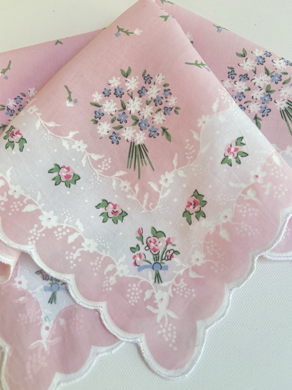 Lovely New LuRay Pastel Pink Handkerchief Hankie With Scalloped Border