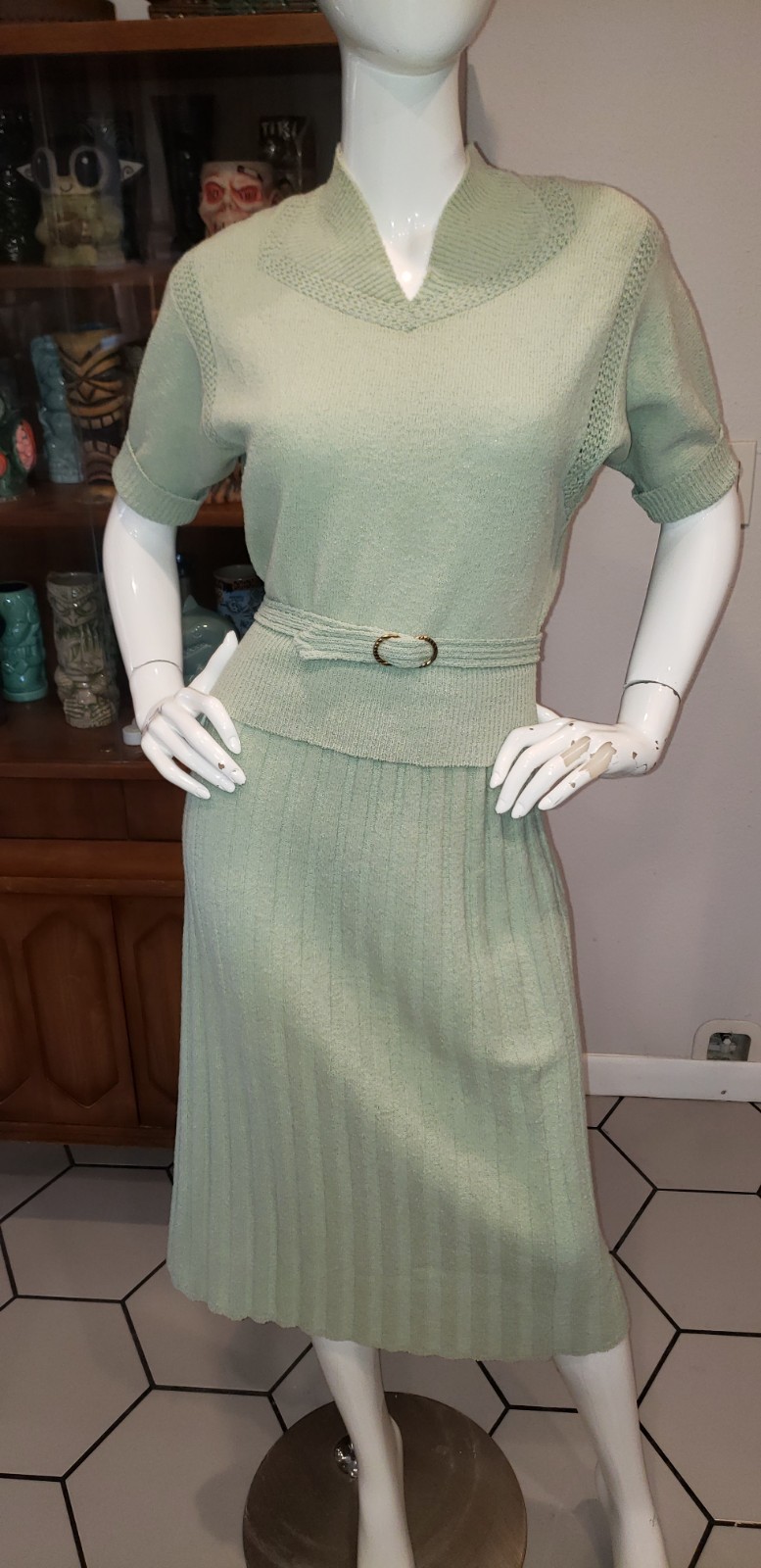 Vintage 1950s Lofties Sea Foam Green 3 Piece Knit Skirt Set Med Lg G2U