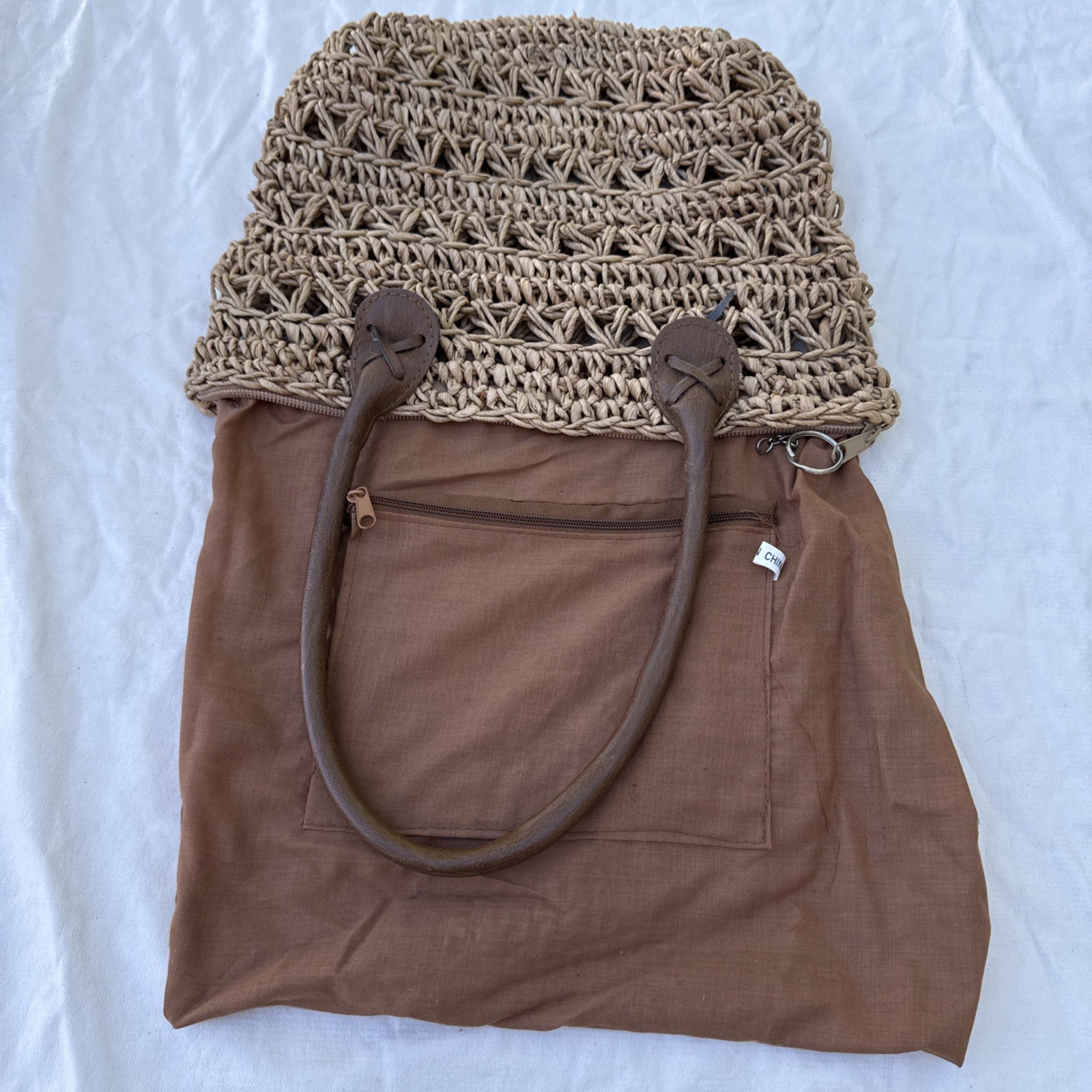 Boho Vintage Woven Bag Wooden Beads Faux Leather Handles Natural inside zipper