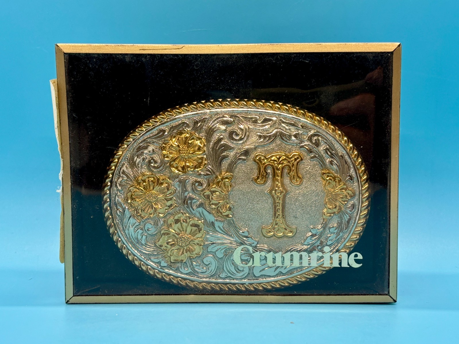 CRUMRINE “T” Initial Letter Monogram Vintage Silver Gold Western Belt Buckle
