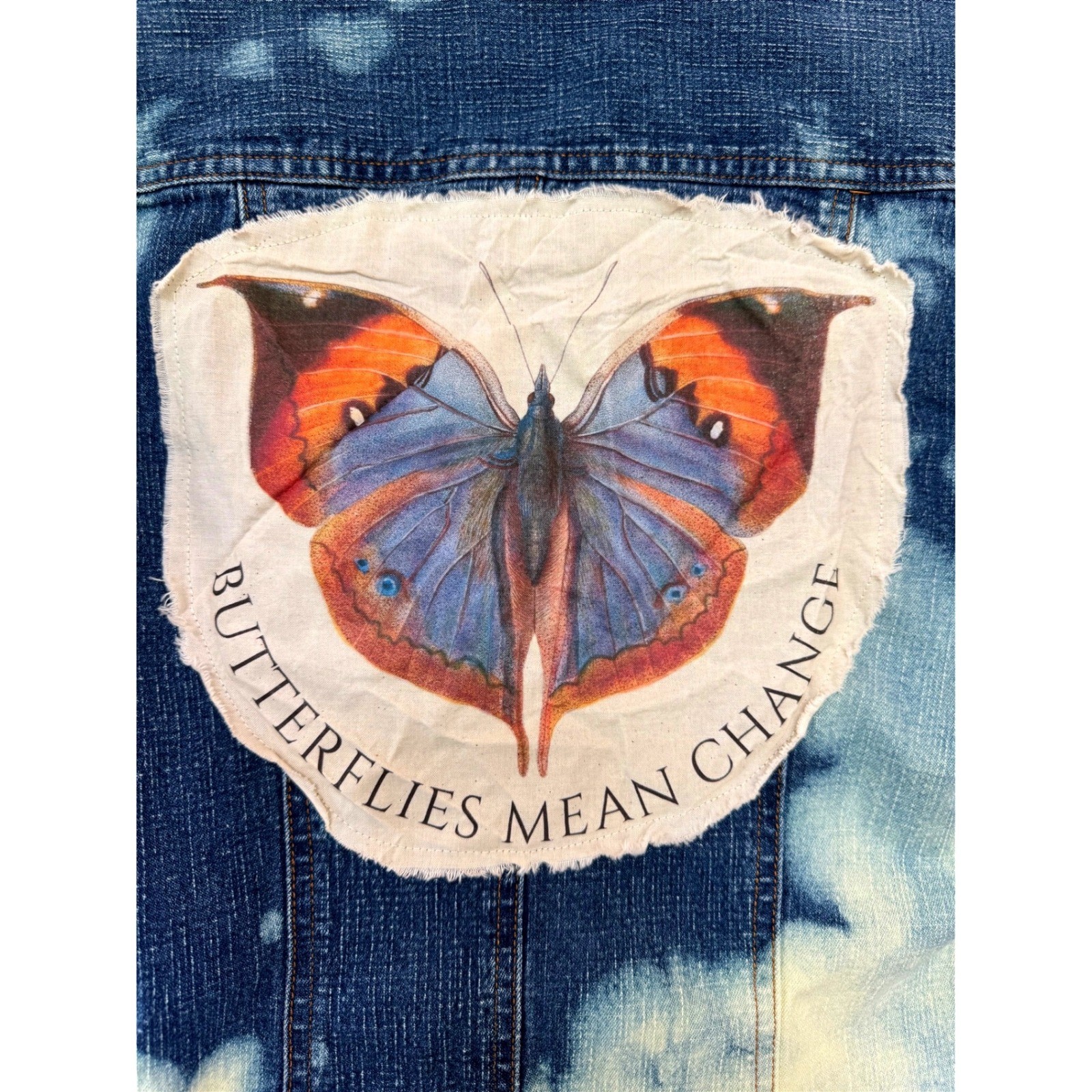 Upcycled Butterfly Jean Jacket | Bleached Fringe Denim | Size S