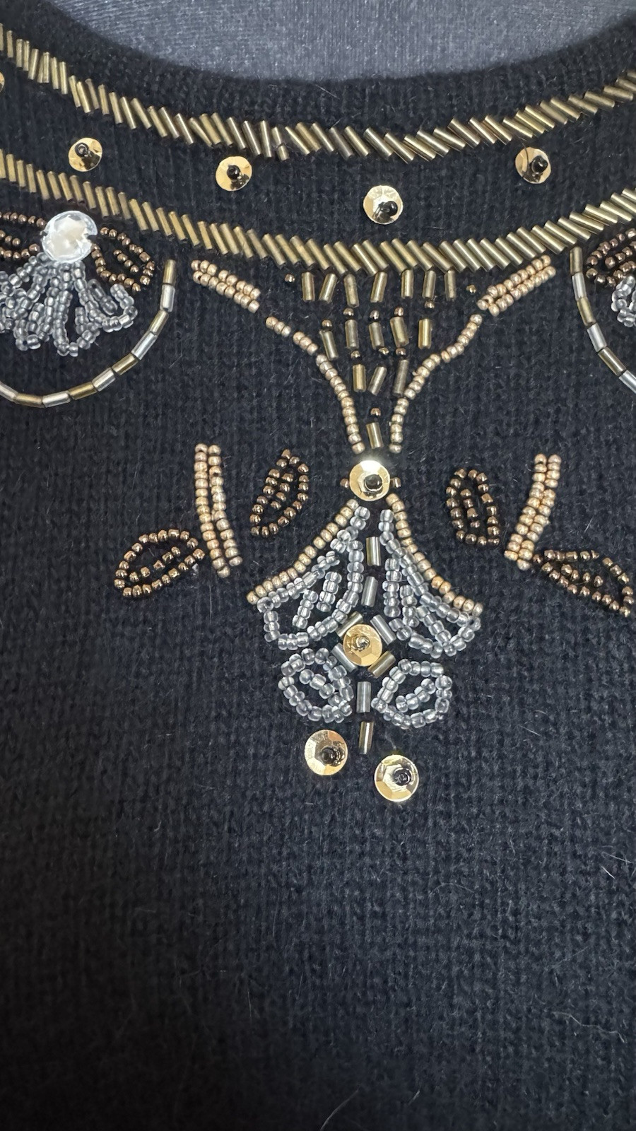 Vtg Boundary Waters Black Angora Lambswool Beaded Sweater Tunic M Embellished