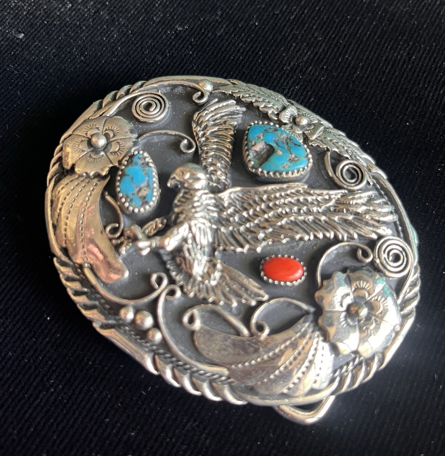 Vintage Metal Eagle Design Red/Blue Stone Filigree/Floral Belt Buckle