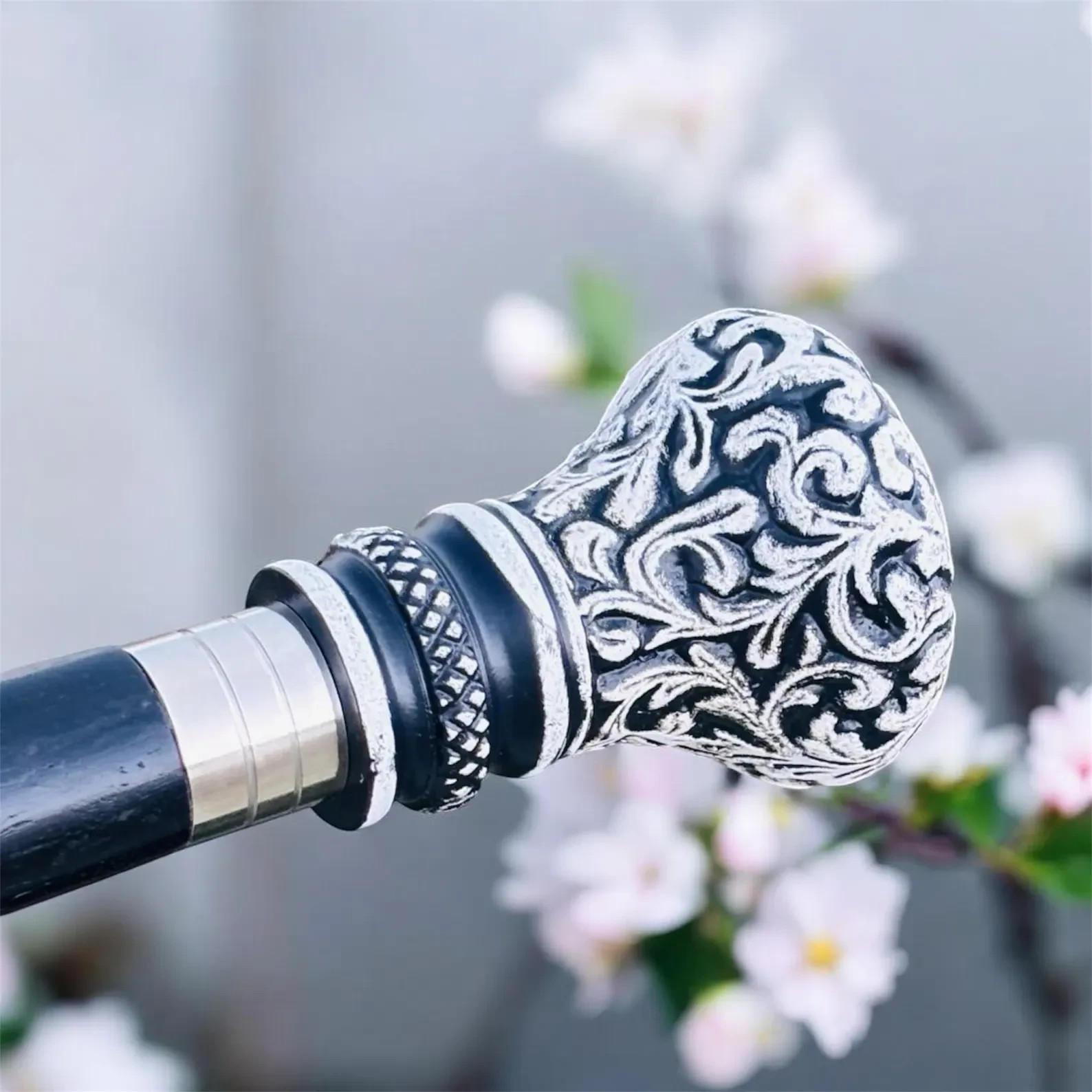 Vintage walking cane,silver derby handle cane,floral Black Spiral walking stick,