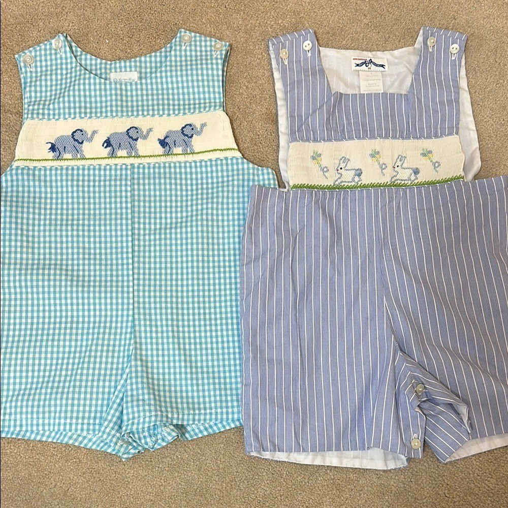 Blue and White Gingham and Striped Rompers