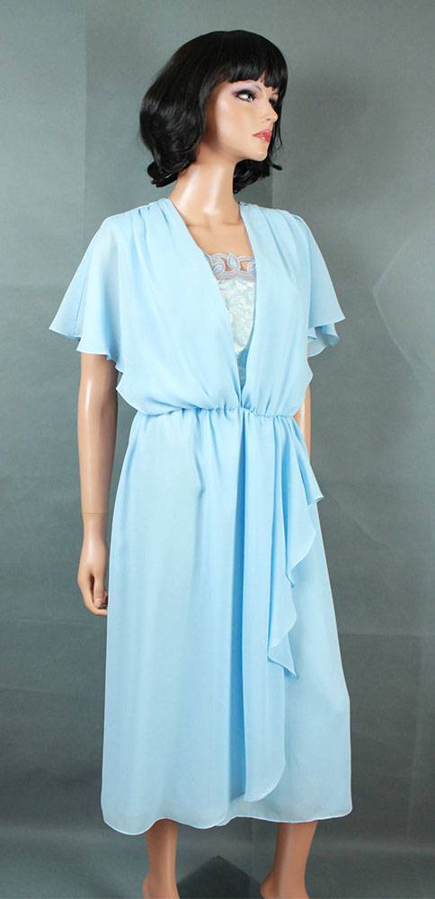 NOS Vintage 80s Secretary Dress Sz M Light Blue Semi Sheer Crepe Deadstock NWT