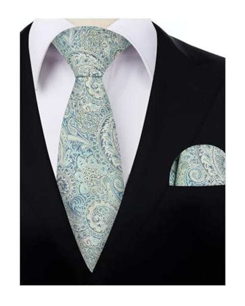 Mens 2pcs Paisley 3.15” Tie Set with Hanky Casual Floral 919-sage Green+navy