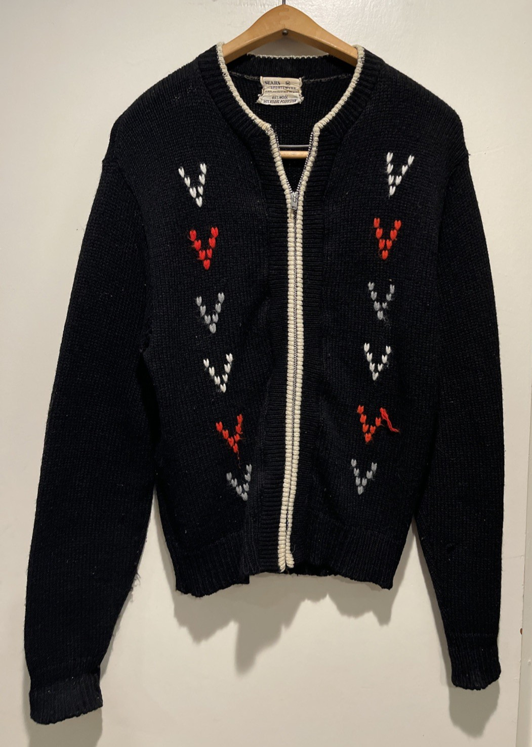 Vintage Sears Wool Blend Zip Cardigan MCM ’60’s Chevron Pattern – Needs Repair