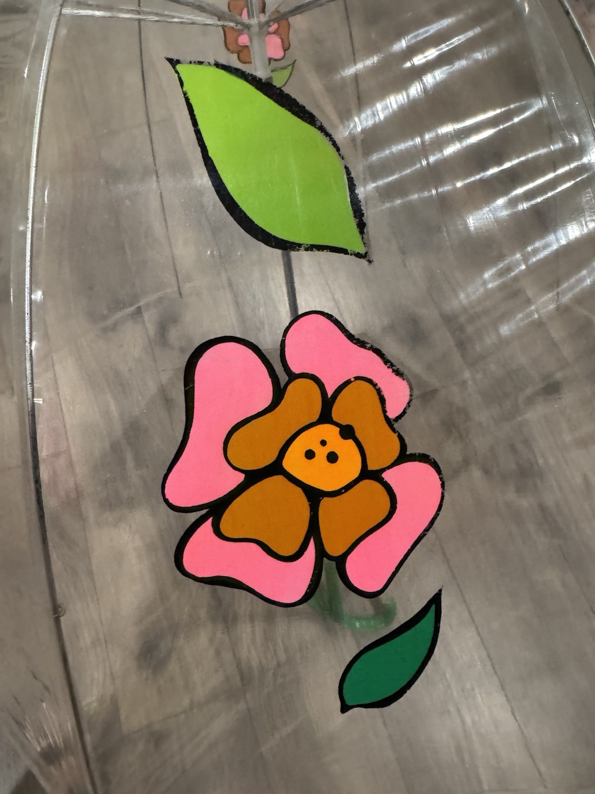 Vintage 70’s Dome Bubble Rain Umbrella Clear Vinyl MOD Flowers 28″D X 31″Handle