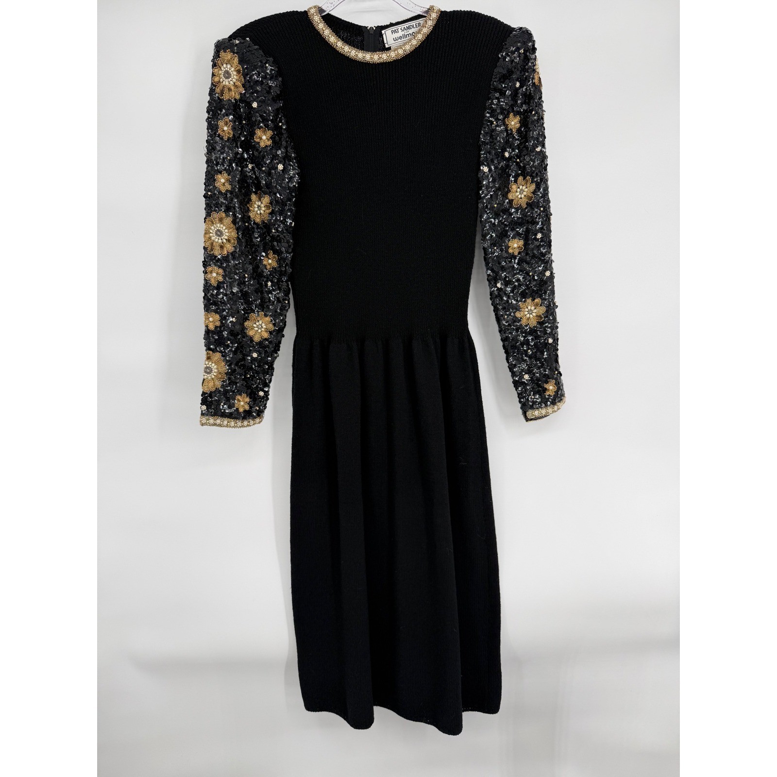 Pat Sandler Wellmore Vintage Wool Dress Black Gold Sequin Floral Beaded Sz 14