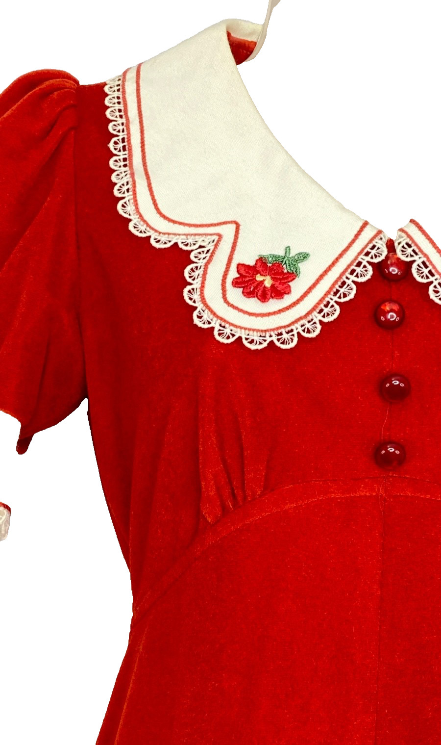 Vintage 1970s red velvet maxi dress XS short puffed sleeves white lace collar