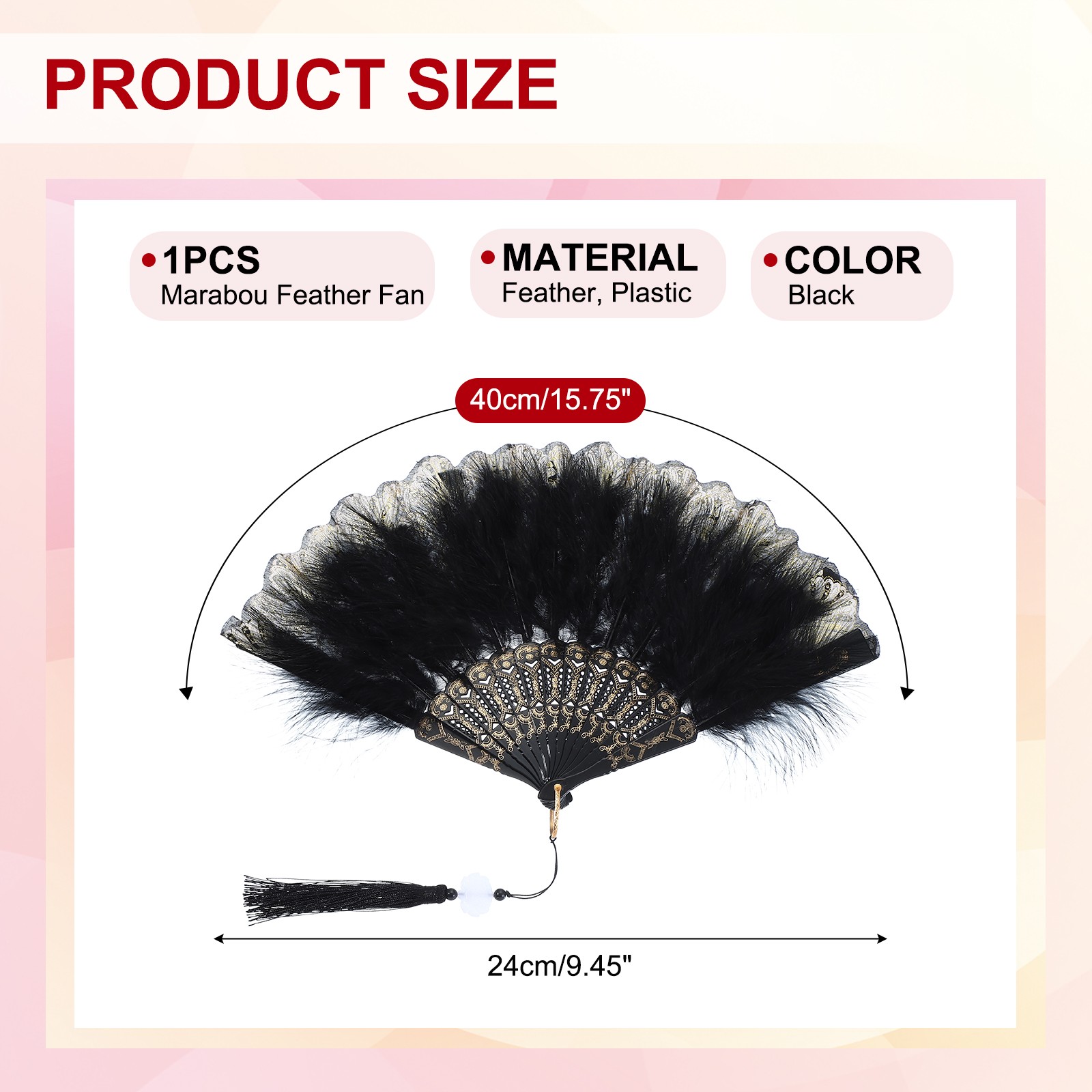 Embroidered Flower Marabou Feather Fan compatible with Costume Party, Black