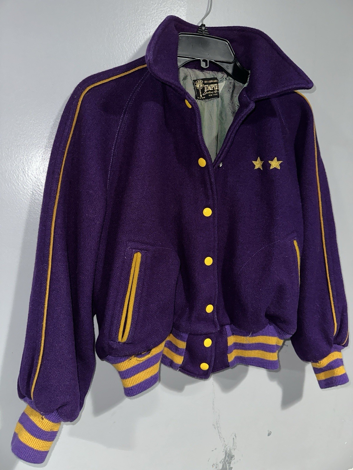 Vtg Empire Purple Wool Varsity Jacket Size 42 Shrunken Fits Men’s Small