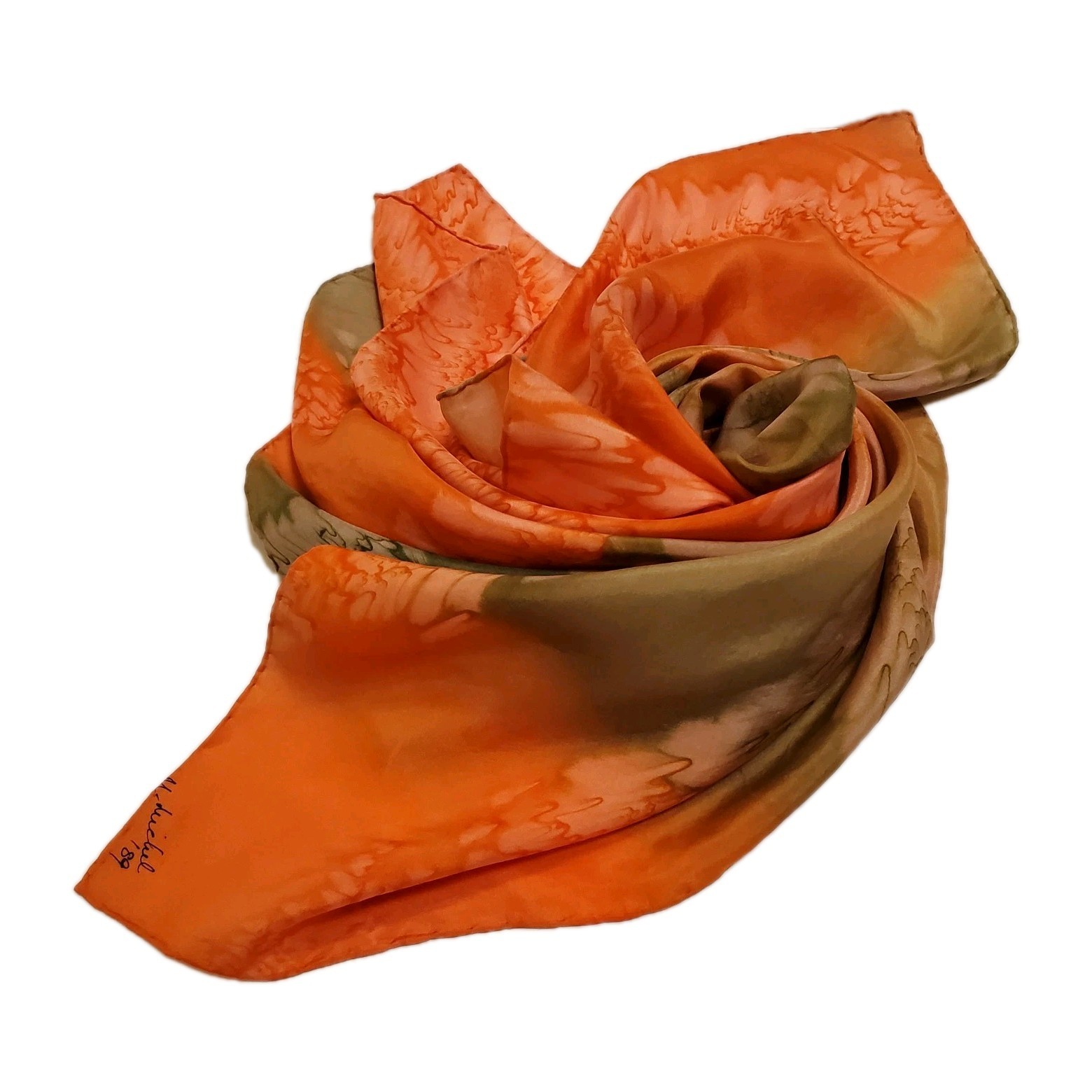 Silk Scarf Orange, Green, Signed Hand Dyed Tie Dye Art to Wear 35.5” x 35” EUC