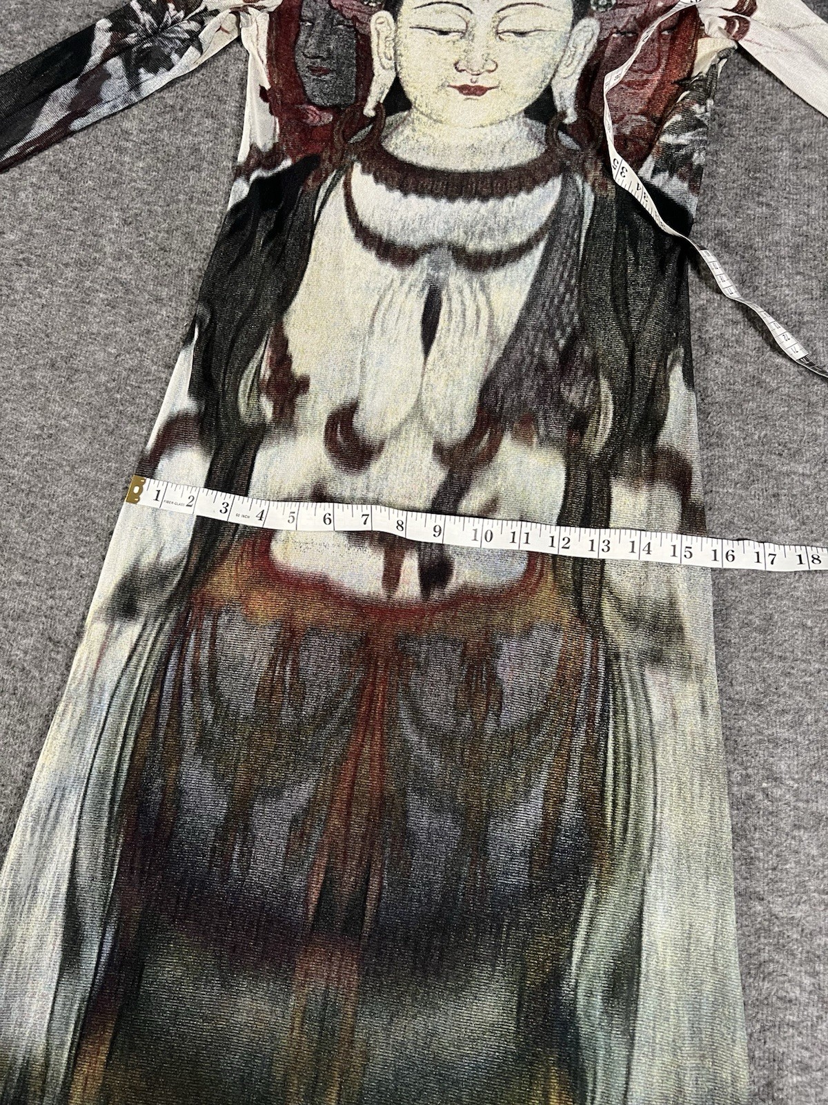 RARE 1997 VIVIENNE TAM CACHÉ SHEER MESH MAXI QUAN YIN PRINT BUDDHA L/S DRESS