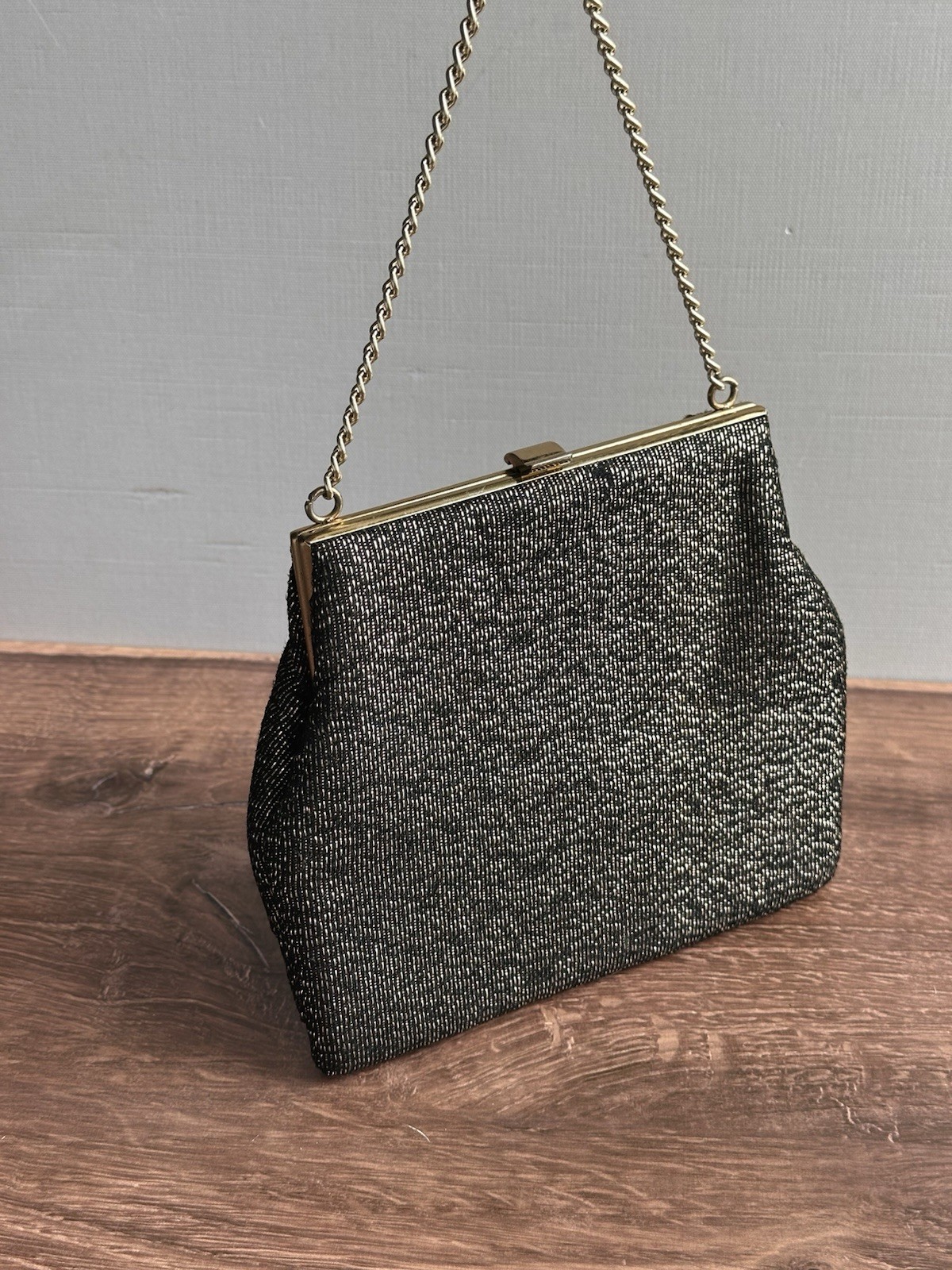 Vintage Evening Clutch Bag Gold Black Metallic Chain Strap