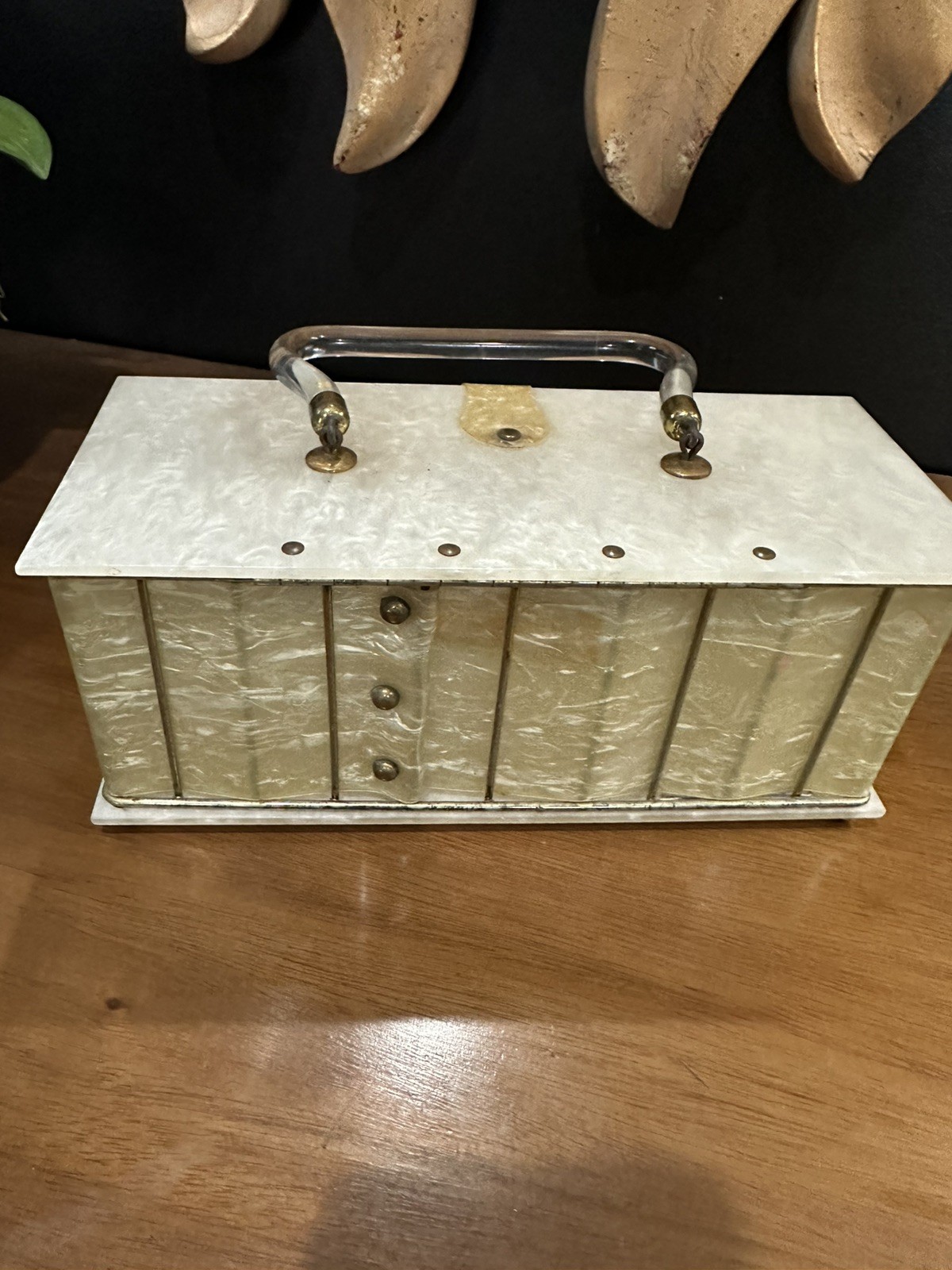 Vintage 1960’s clear lucite box handbag with brass details