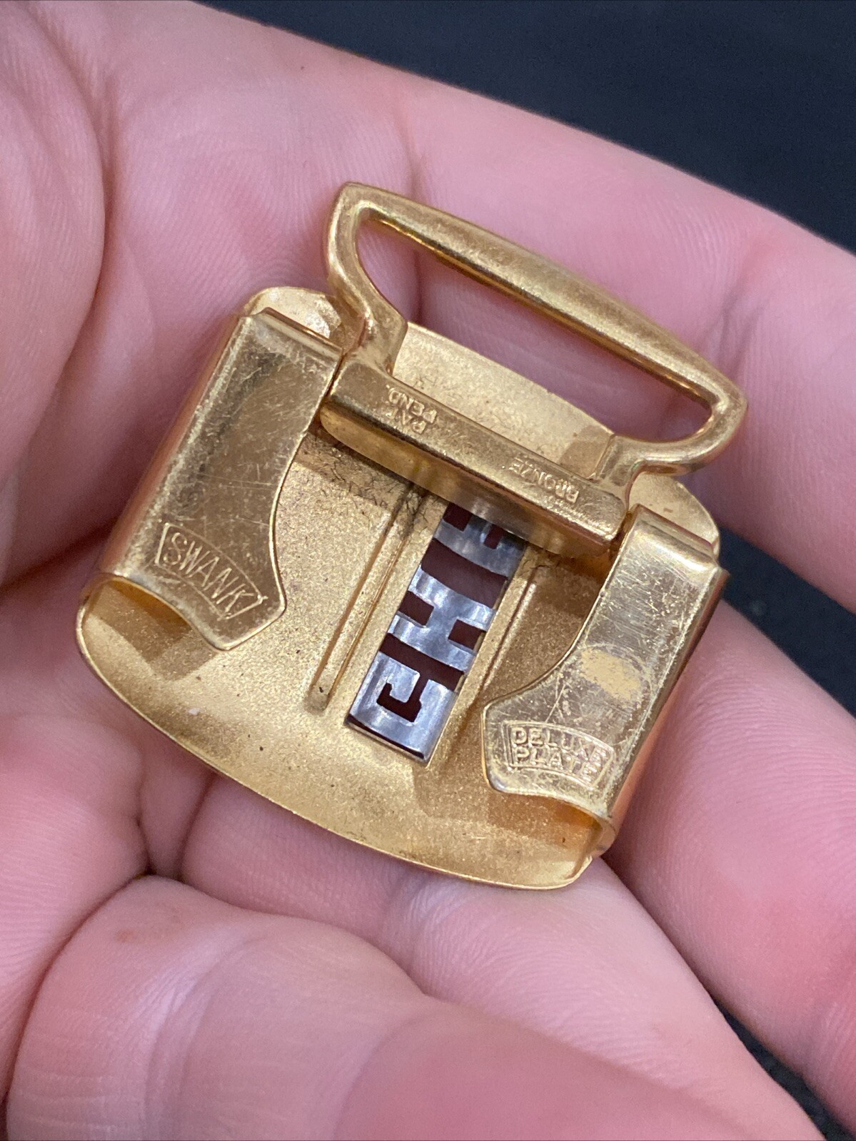 Vtg Art Deco Swank deluxe gold plate retro belt buckle Hammered Bronze GHP Mono