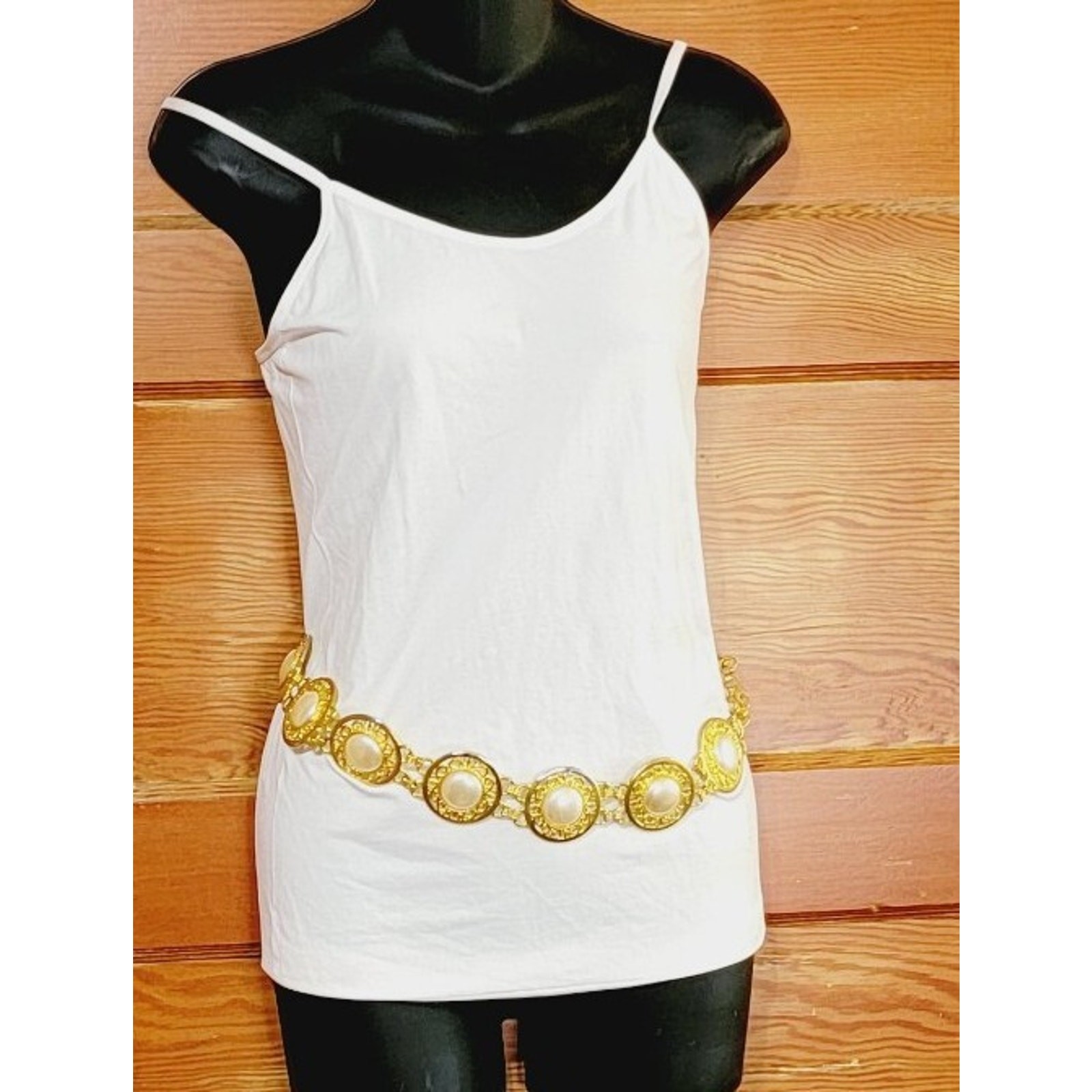 Vintage Harwill NY Ornate Faux Pearl & Gold-tone Adjustable Belt, 1980s Runway
