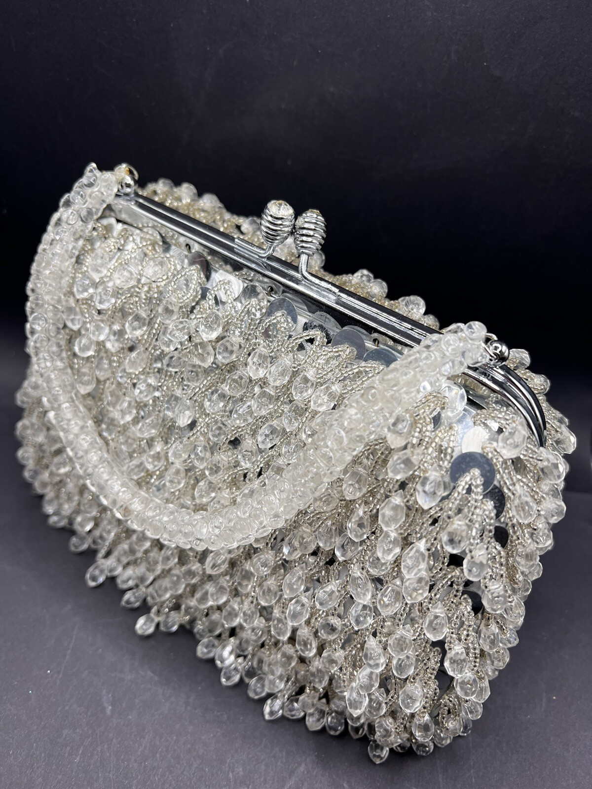 Vtg Beaded HandBag Silver & Clear Evening Purse Hong Kong Prom Wedding 60s 70s