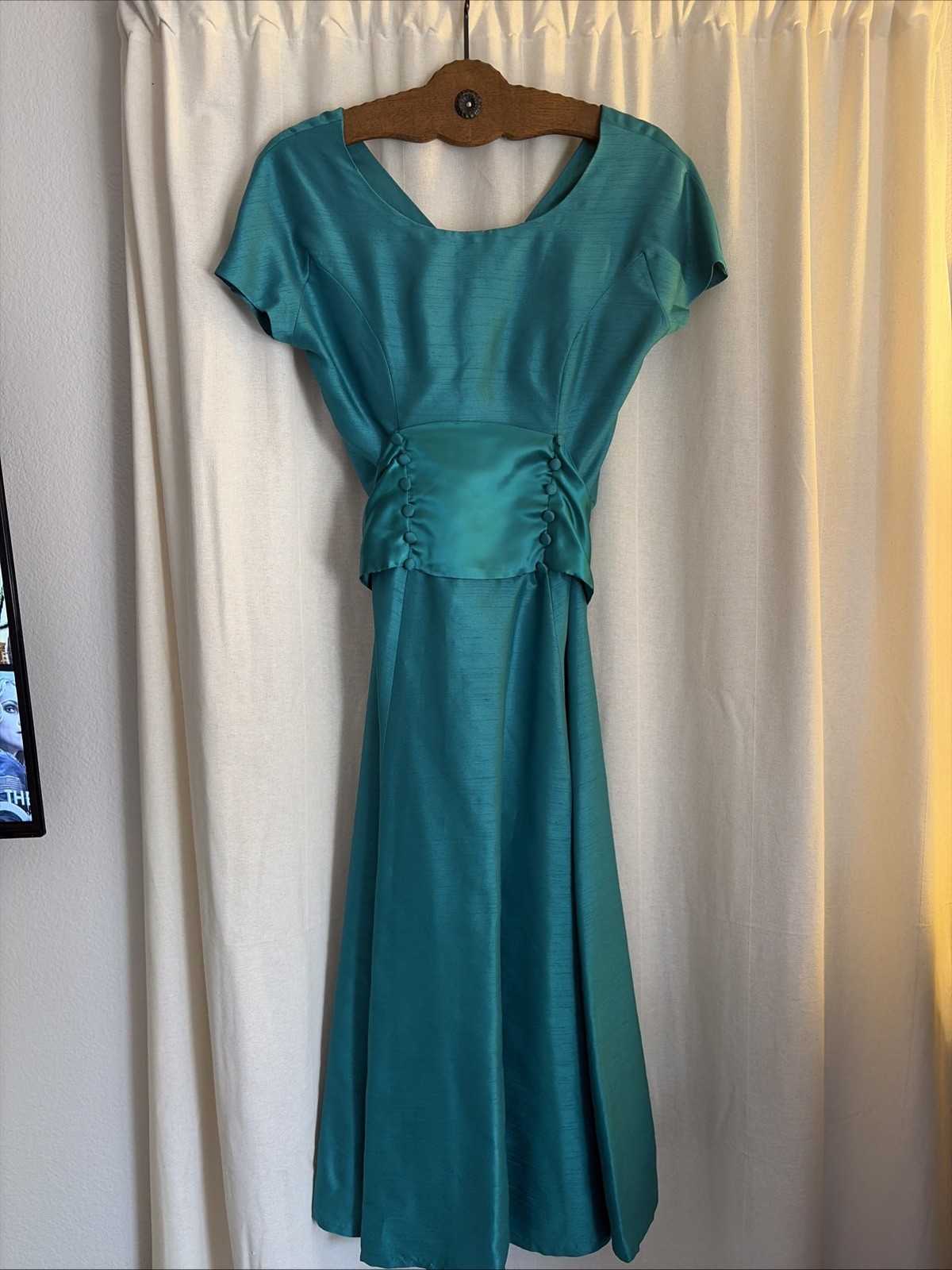 Vintage Handmade Aquamarine Formal Classic A Line Dress Buttons Satin Bow