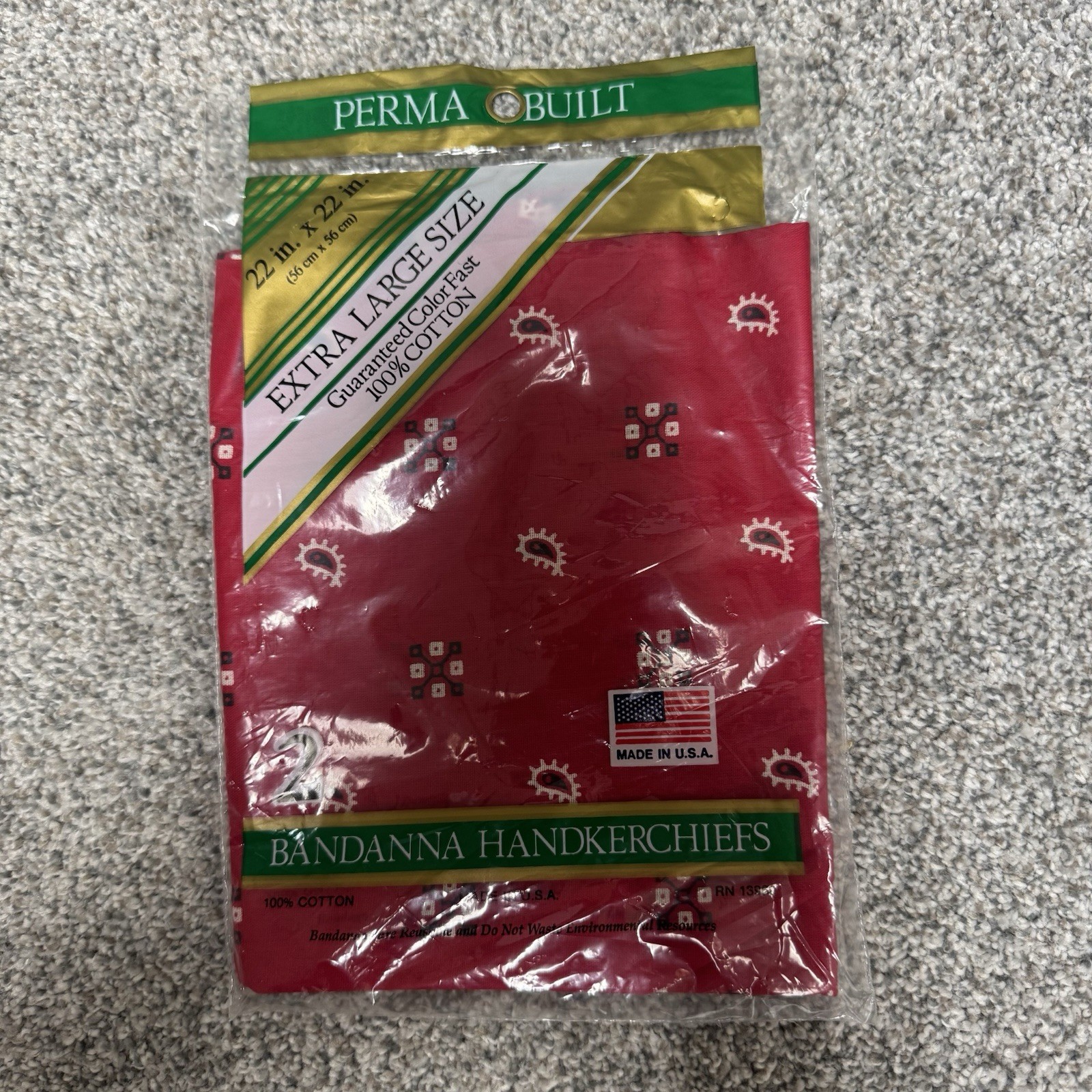 Vintage Pair Red Perma Built Bandana Handkerchiefs XL 22” x 22″ Cotton Western