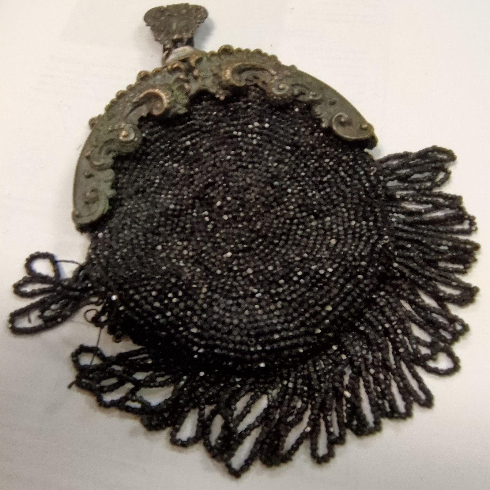 Antique Floral Steel Micro Bead Fringe Chatelaine Belt Clip Kilt Leather Purse