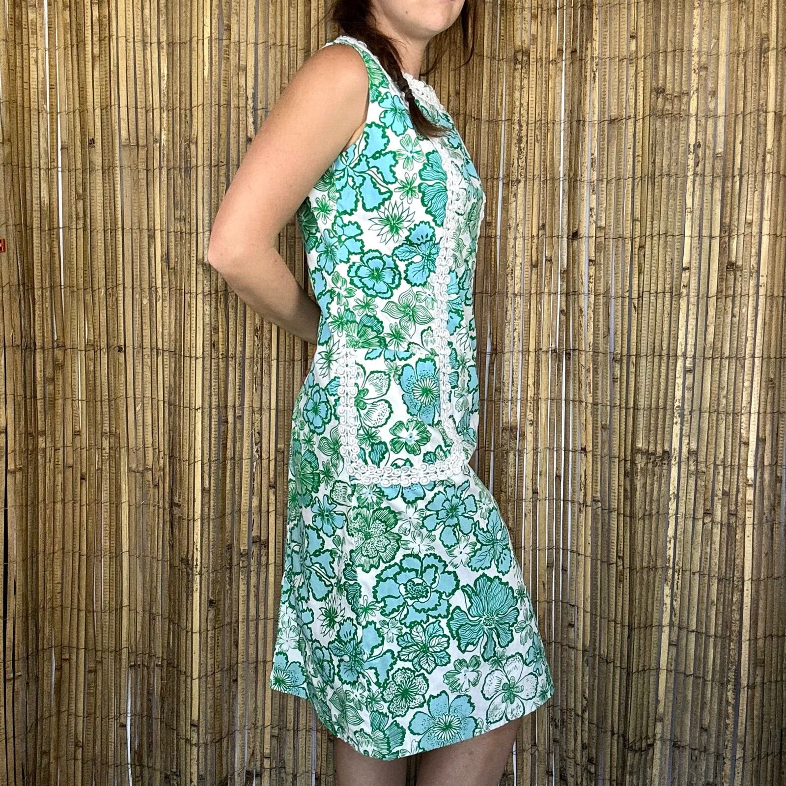 Vintage 60s Shifts Internationale of Miami Floral Shift Dress Blue Green Crochet