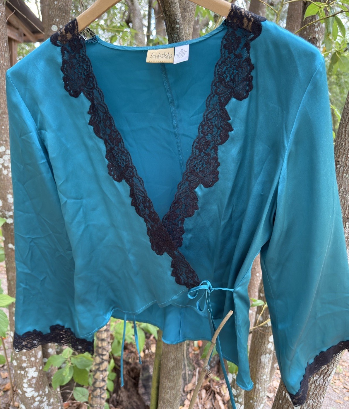 Vintage Frederick’s Silk Collection 100% Silk Wrap Blouse M Teal Lace Soft Boho