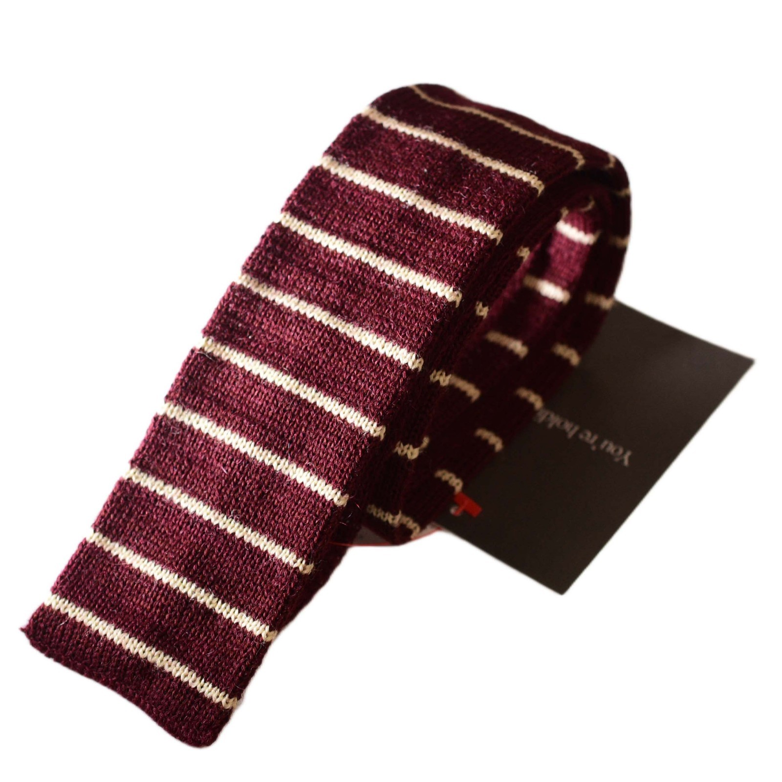 70s Vintage Wool Skinny Square Necktie Burgundy Ivory Horizontal Striped Mod