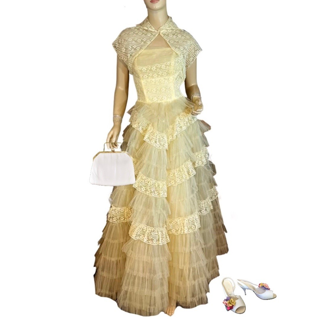 VINTAGE CIRCA 1950’S YELLOW TULLE & TAFFETA PARTY DRESS WITH BOLERO SZ XS
