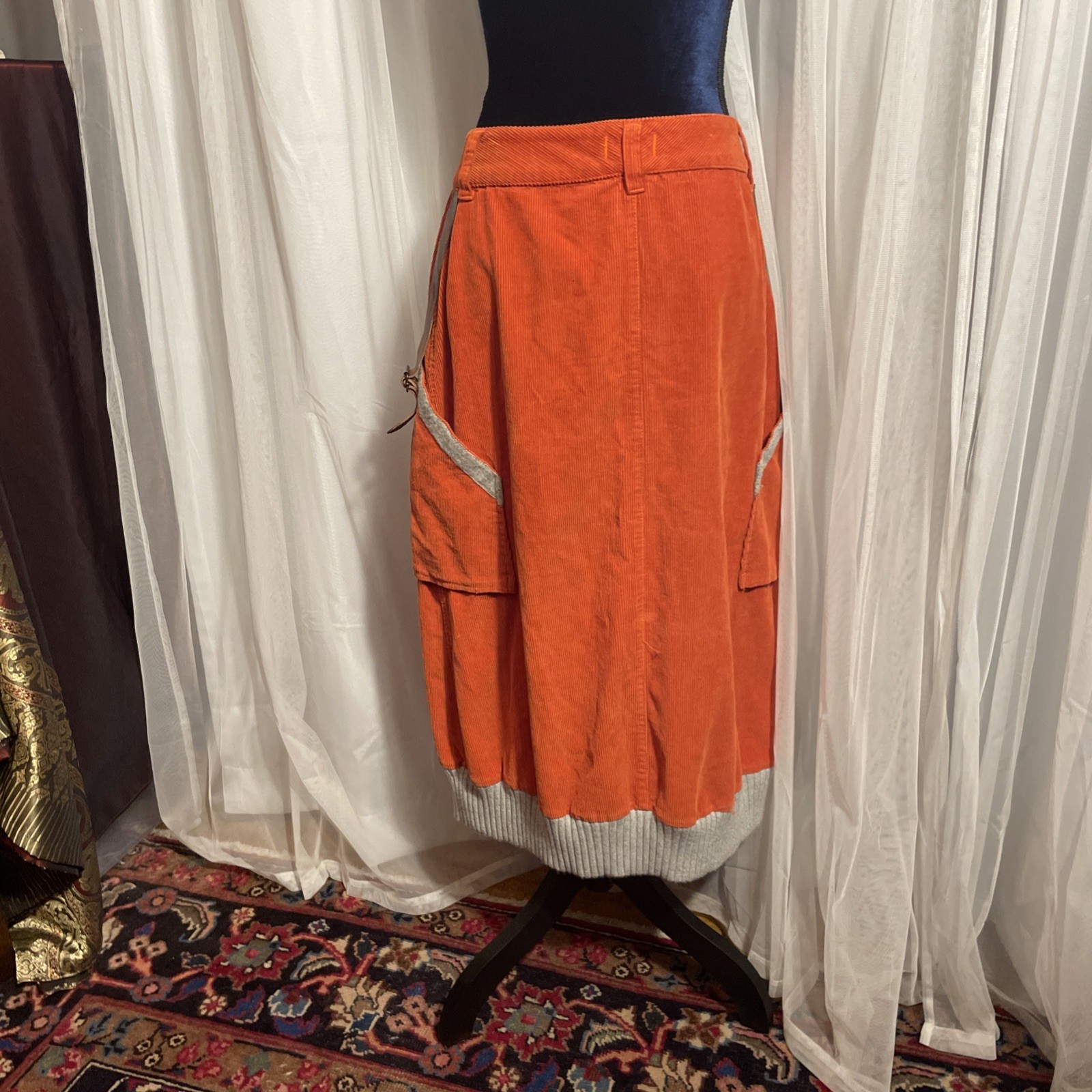Luis Trenker Corduroy Utility Skirt Orange Leather Detail Pockets Sweater Hem