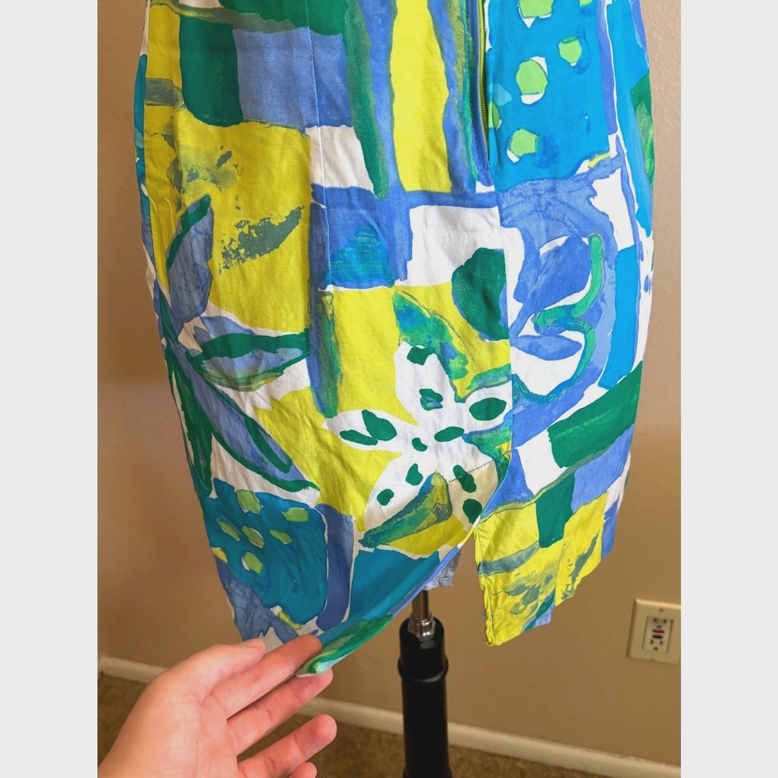 Vibrant Abstract Summer Mini Dress Blue Green Yellow 90s Vtg US 6 Medium
