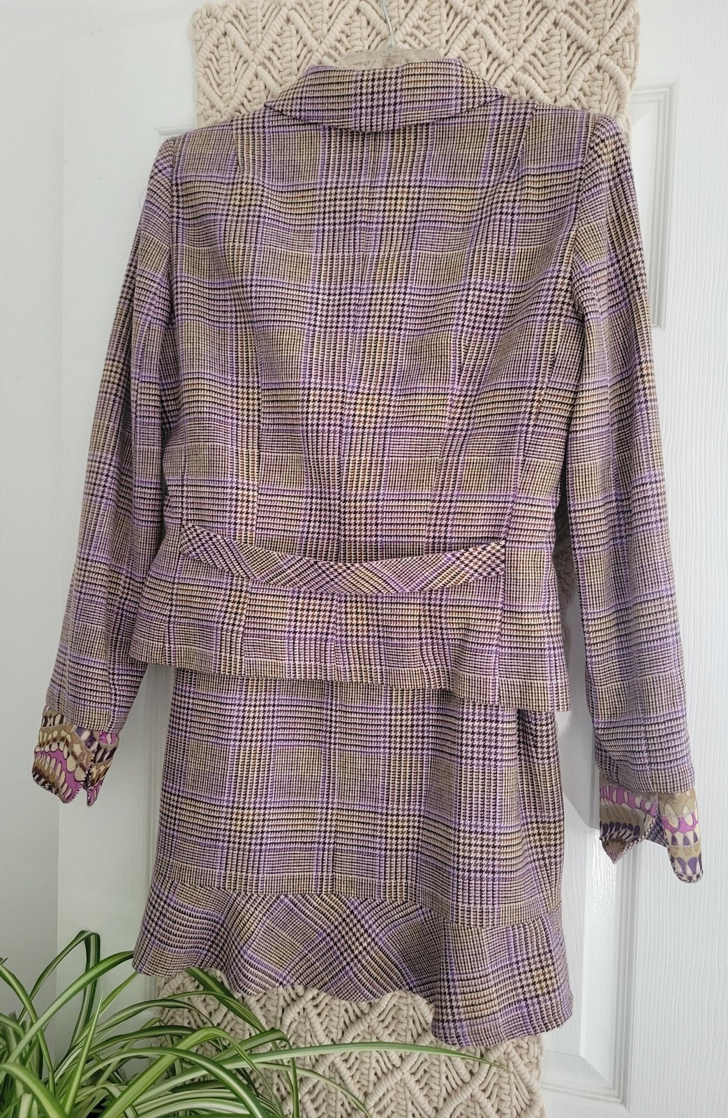 Vintage David Meister Plaid Skirt Suit — Wool Blend, Silk – Size 8