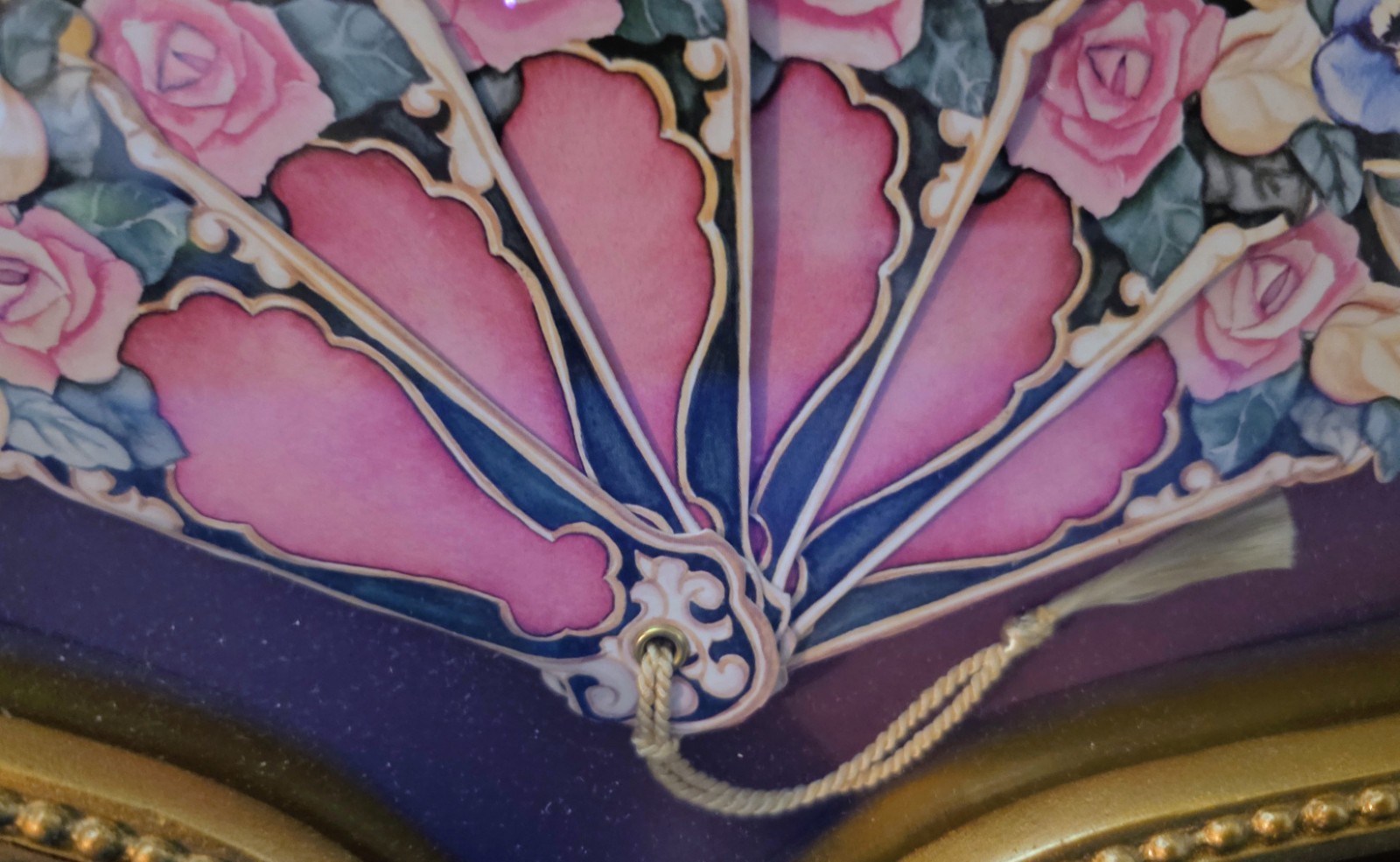 Vintage Paper Fan Framed Gold Plastic Shadow Box Victorian Style Pink Flowers