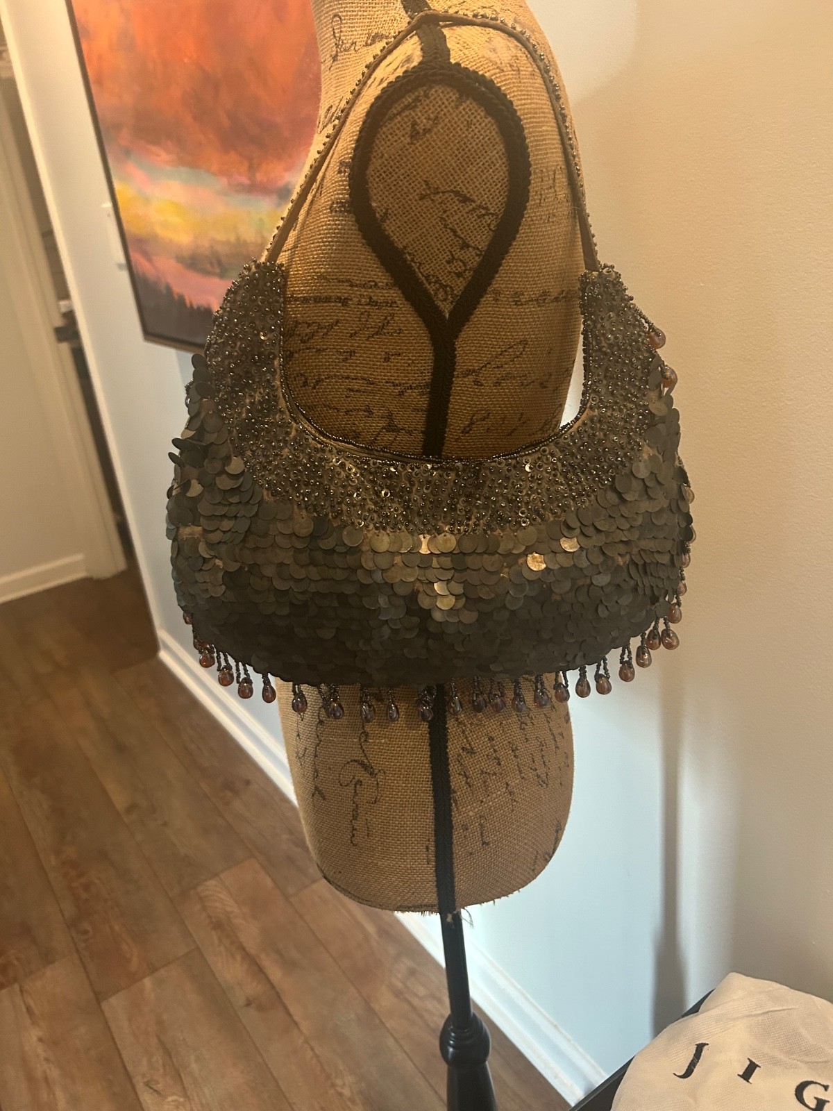 Jigsaw evening purse in bronze sequins and beading.