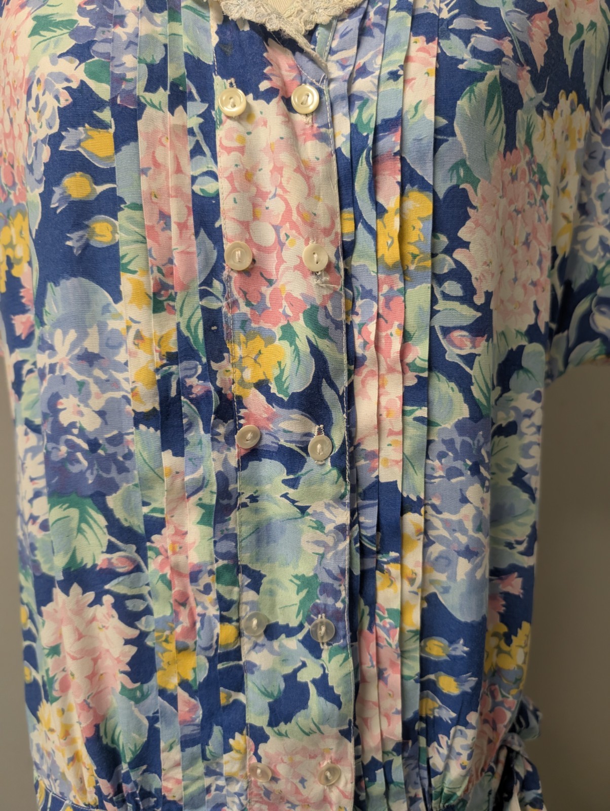 Vintage 80’s Rene Derhy Paris Floral Drop Waist Tie Dress Pintucks M
