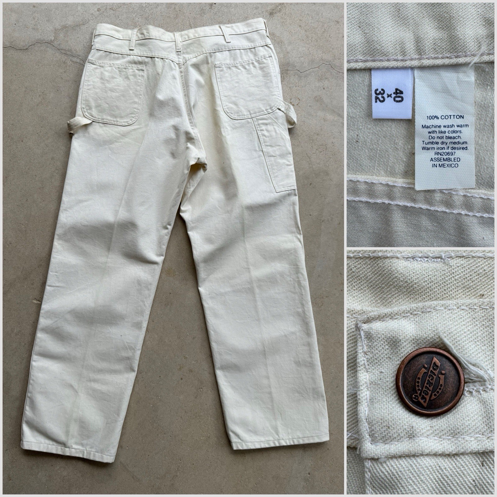 90s Vtg Dickies W 38 L 30 Carpenter Painter Off White Pants Work Cotton Natural