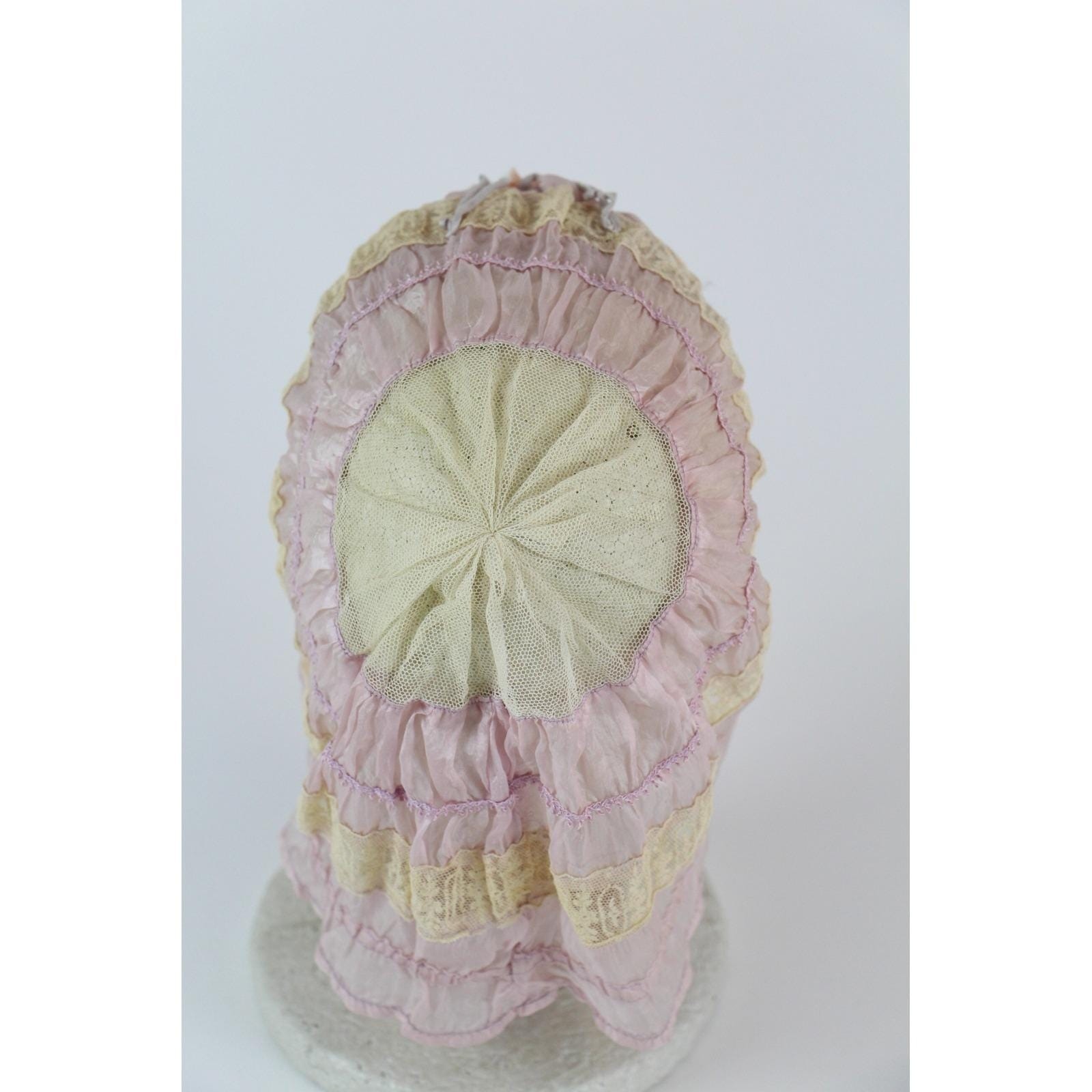 Vintage 1900s Silk Boudoir Cap Lace Edwardian Pink Ribbon Floral Lingerie Hat
