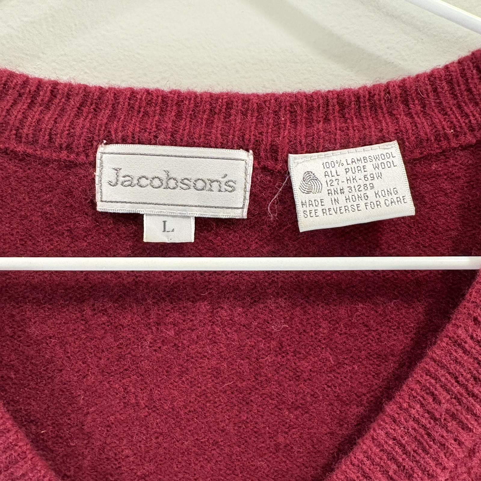 Vintage Jacobson’s 100% Lambswool L Sweater Knit Pullover V-Neck Dark Red Preppy
