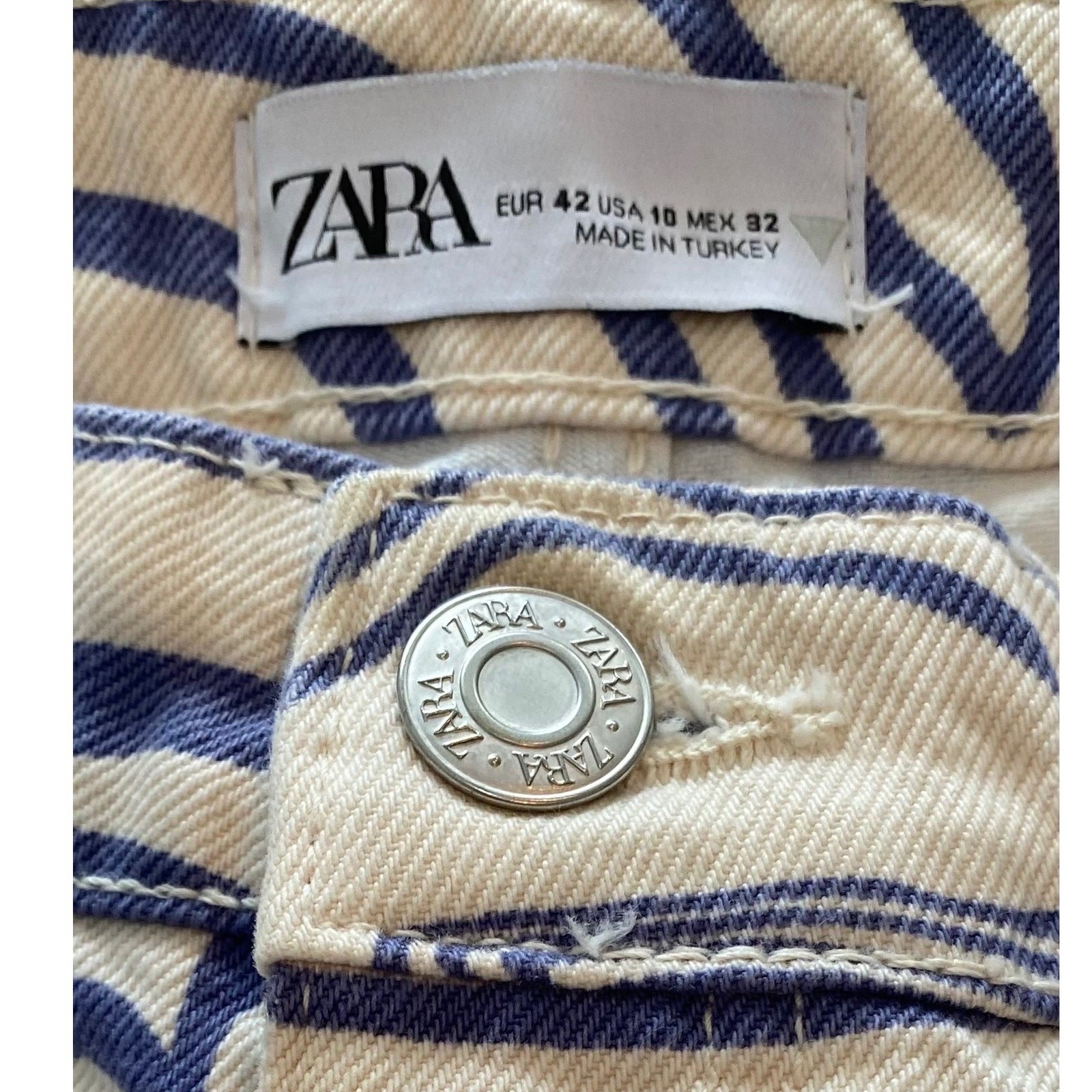 Zara Womens Blue and Cream Psychedelic Zebra Swirl Boot Cut Jeans Size 10 Retro