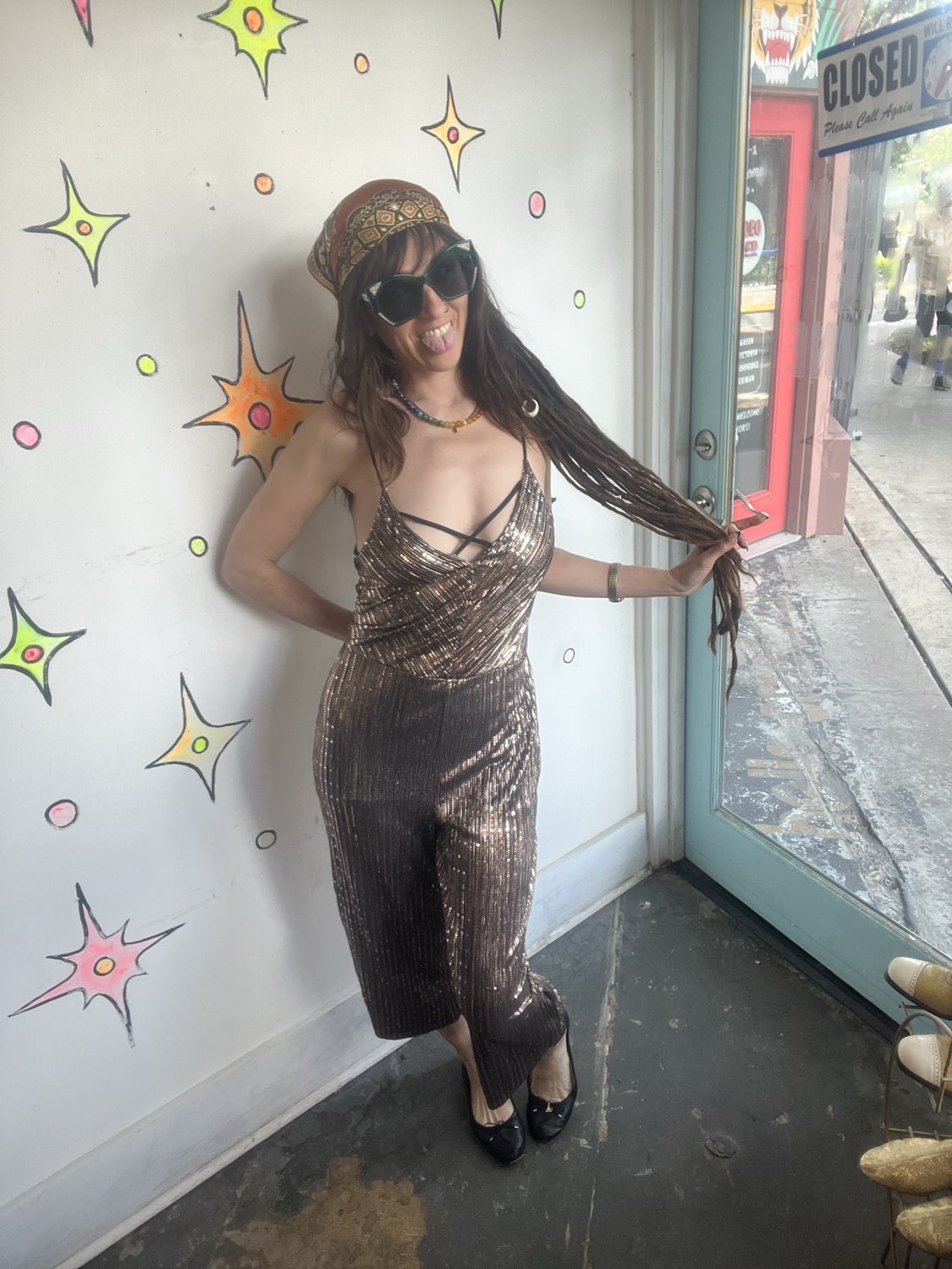 Metallic Gold Y2K Does 70s Disco Wide Leg Party Jumpsuit Retro Clubwear S/M