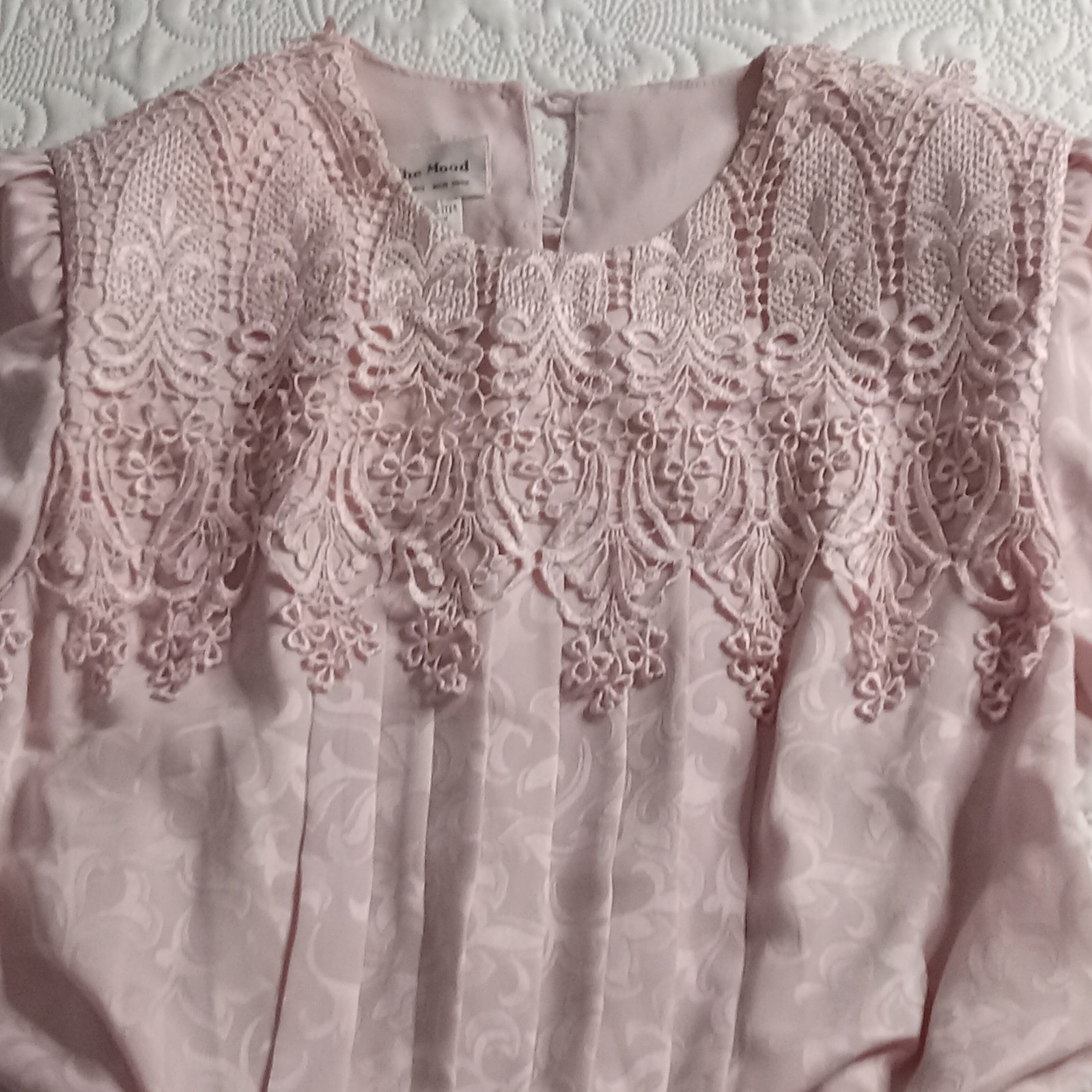 In The Mood MOB Dress 14 Pink Jacquard Belted Crocheted Pleated Vtg 80s EUC