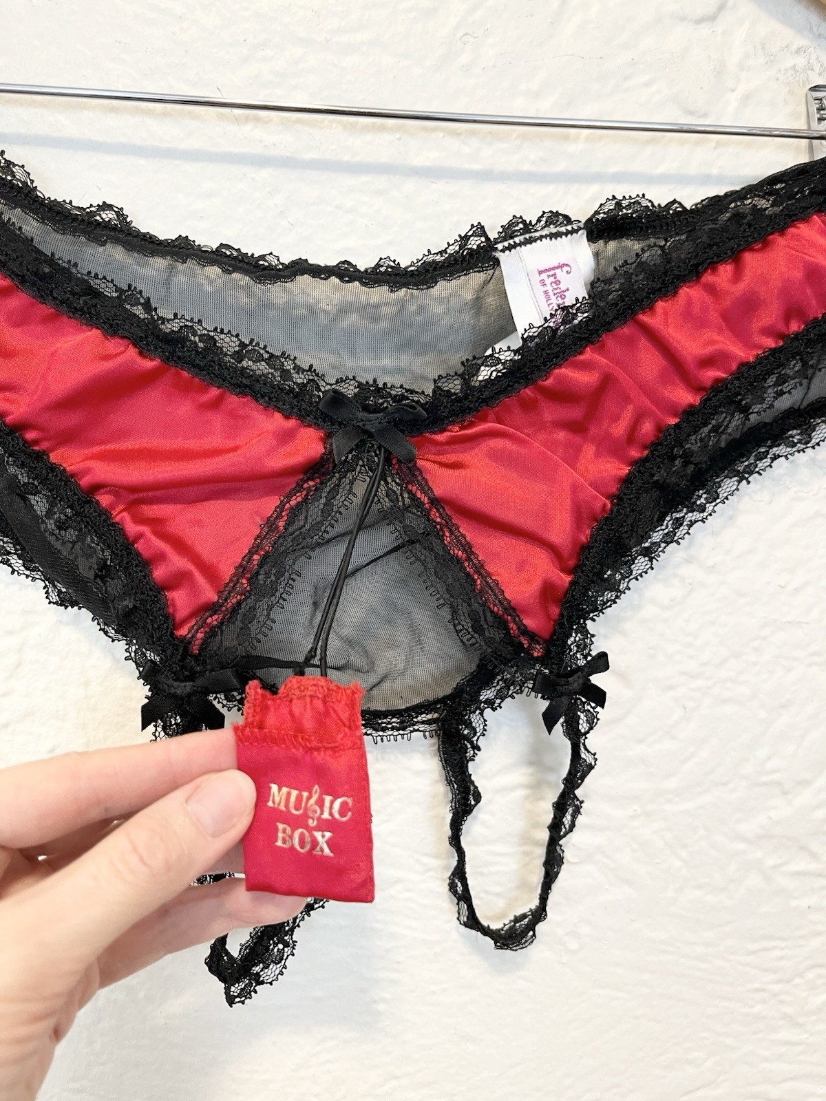 Vintage 90’s Fredericks of Hollywood Panties Crotchless Black Red Satin Sheer OS