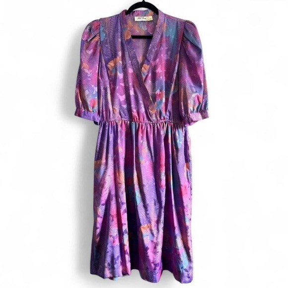 Vintage 1980s Hal Ferman Dress Women’s Size 10 Purple Retro V Neck Colorful