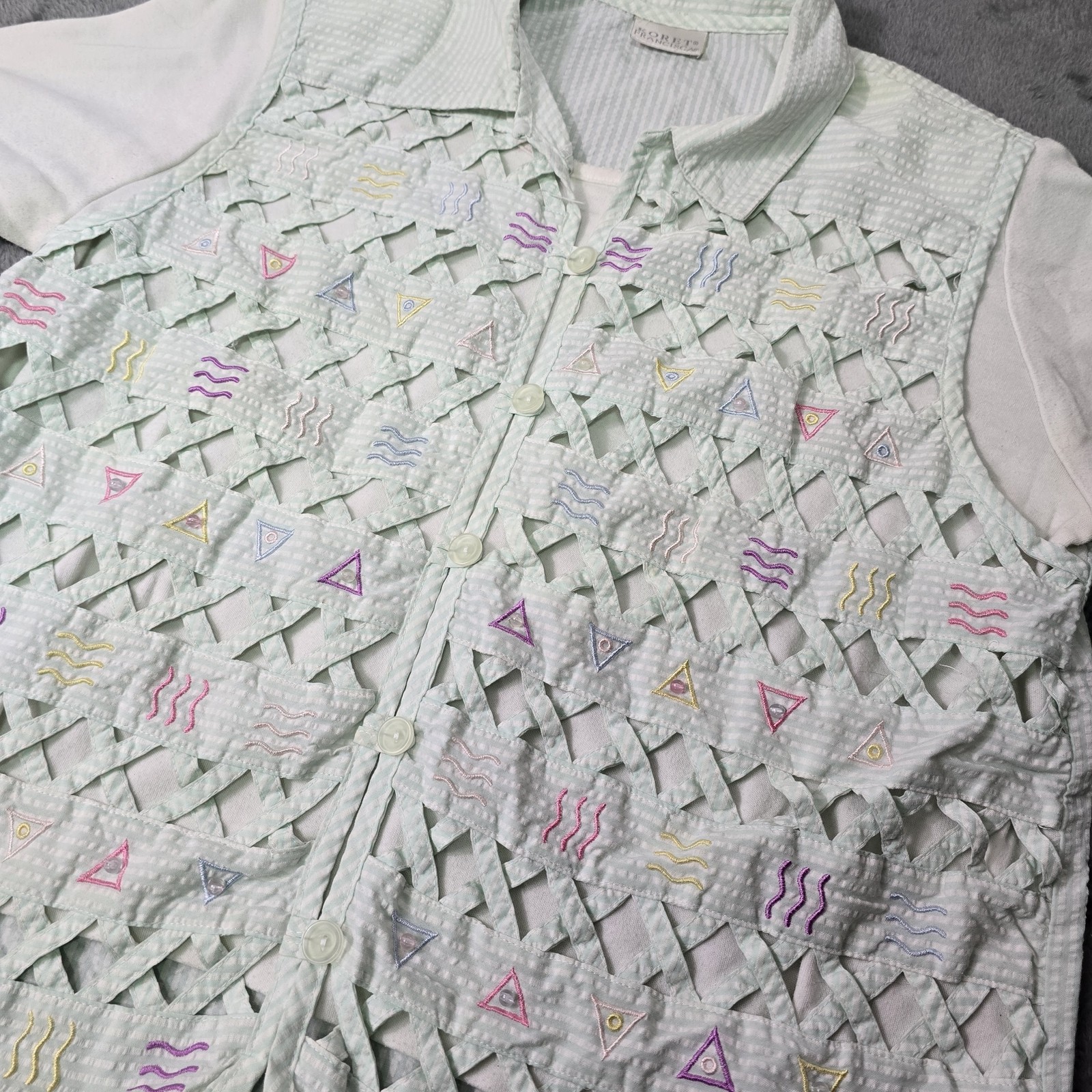Vintage Lattice Cutwork Blouse Womens M Embroidered Seersucker