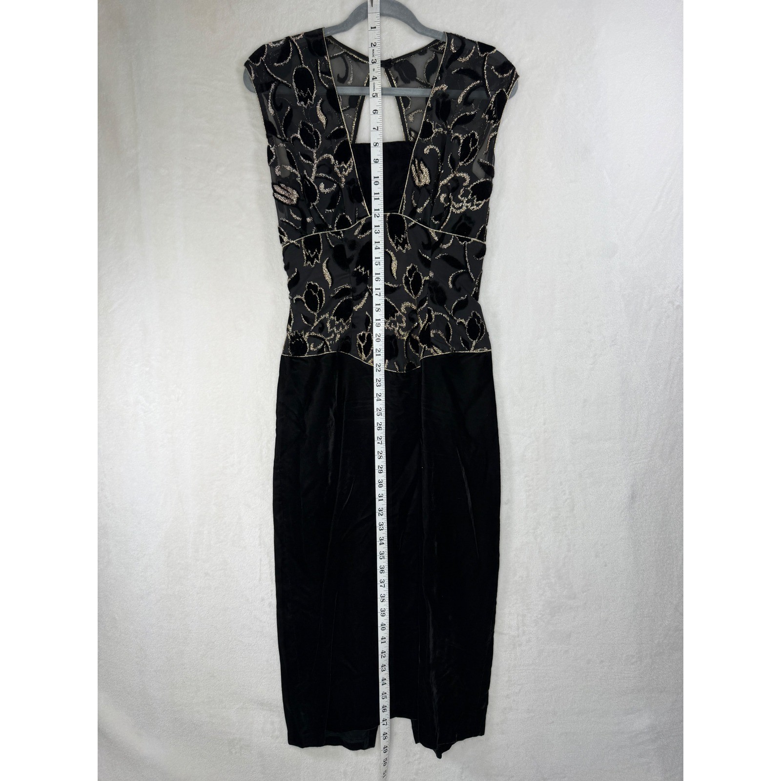 New Leaf by Samir Vintage Black Velvet Devore Gold Floral Midi Dress 9931 S 9/10