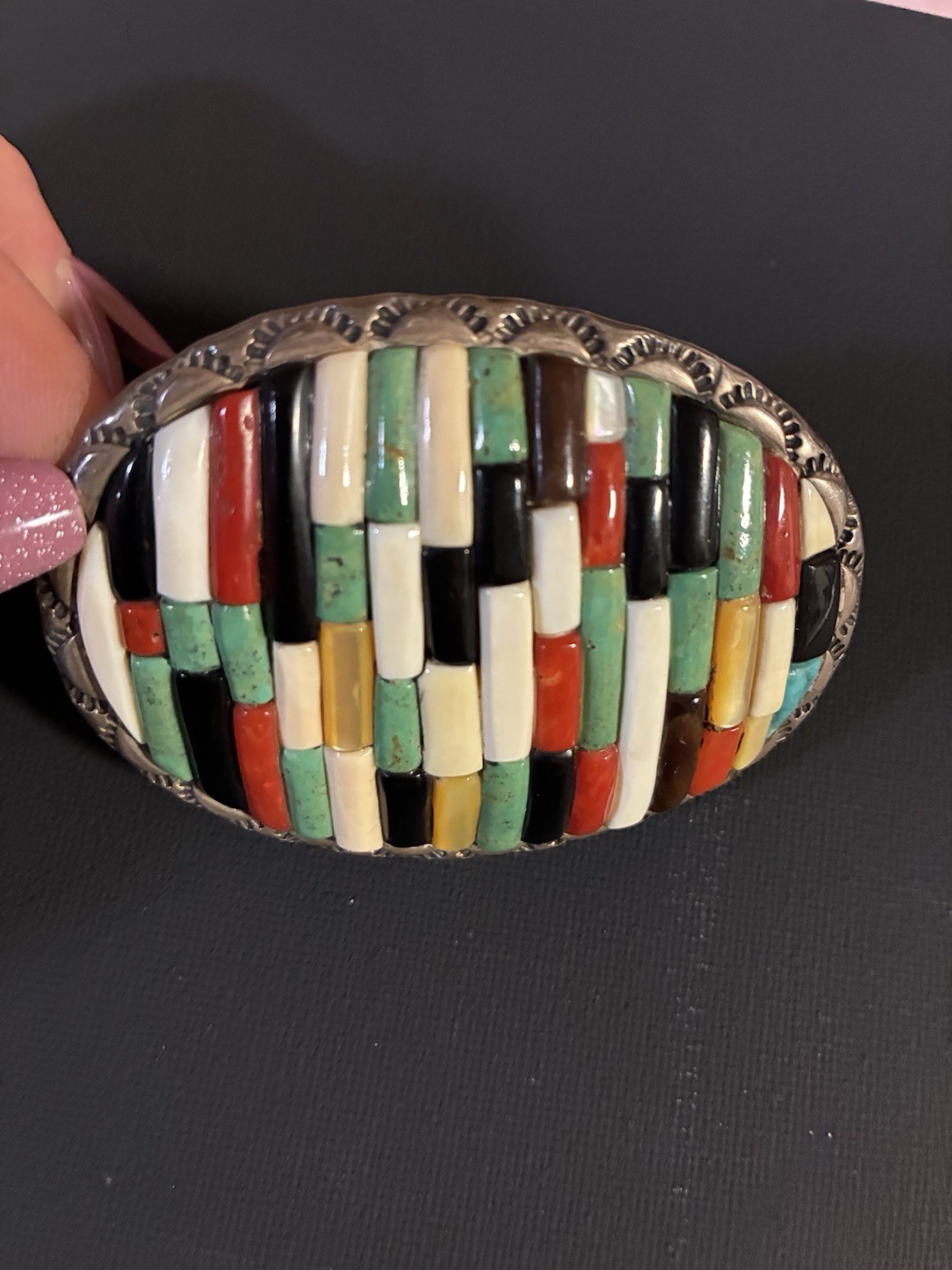 Native American Sterling Silver Turquoise Coral Jet Inlay Belt Buckle AH IHMSS