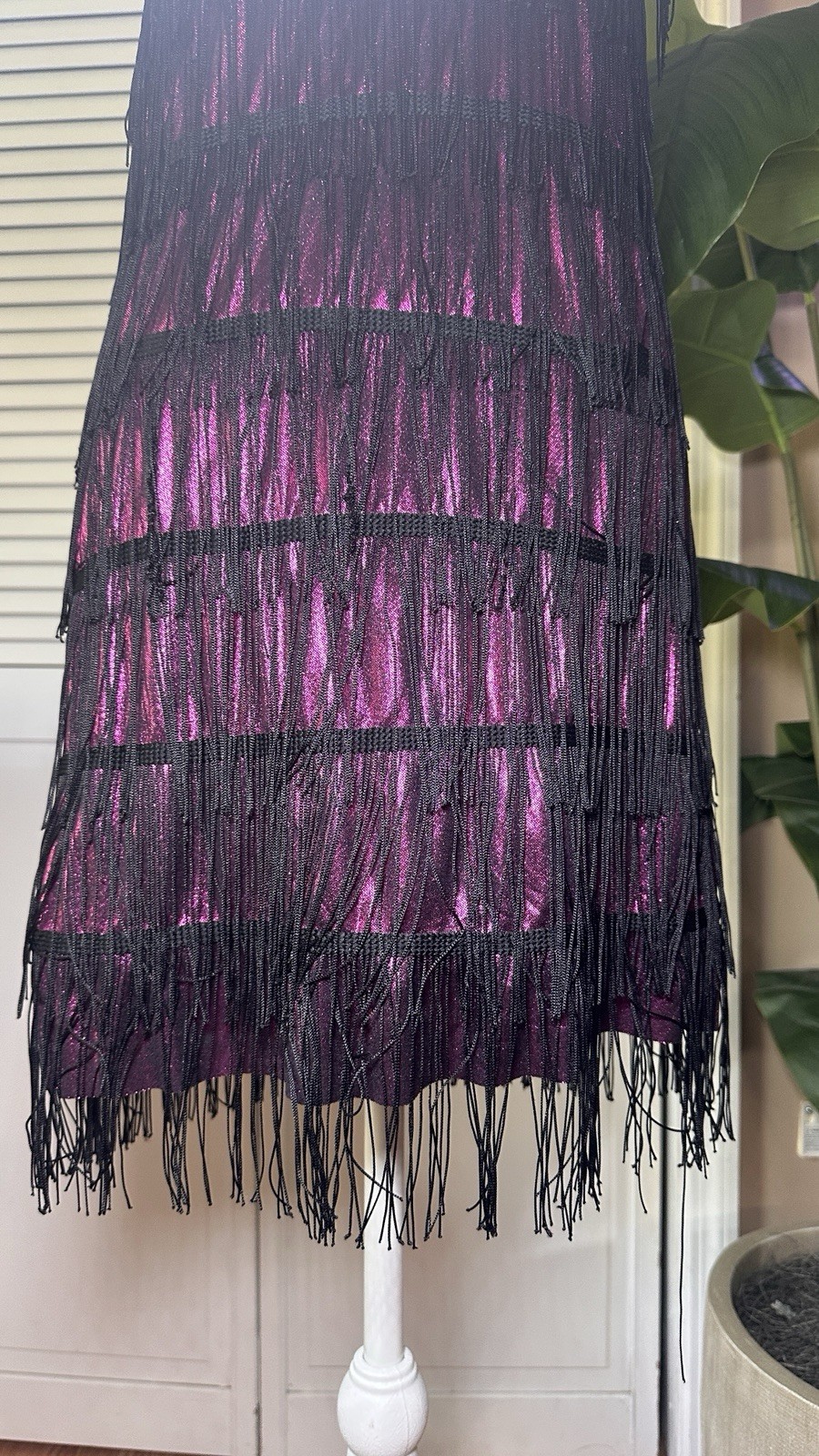 Vintage Inspired Black Fringe Metallic Magenta Flapper Mini Dress One Size