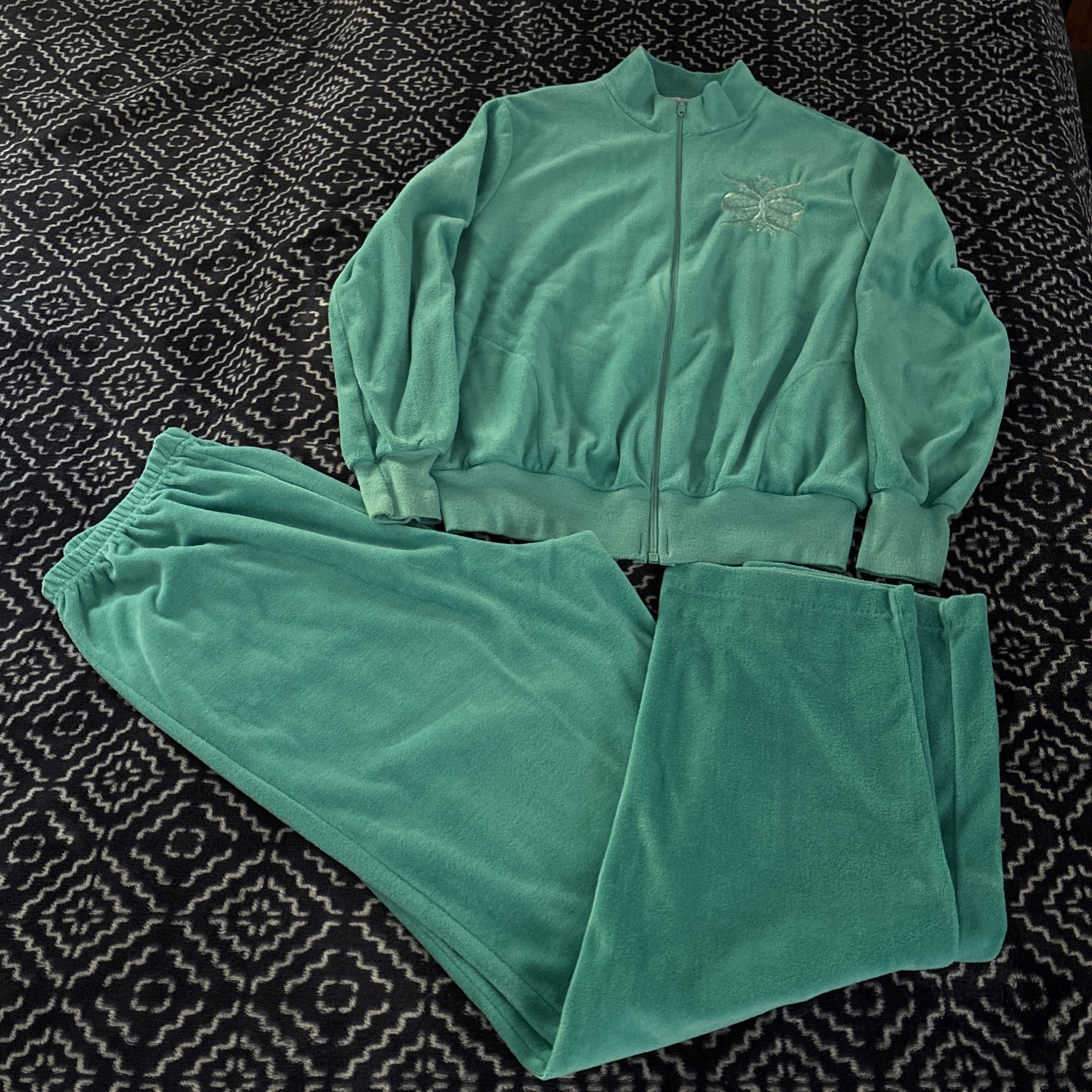 Vintage 80s 90’s Brand Active Wear Teal Velour Jogging Track Suit Talon Zipper